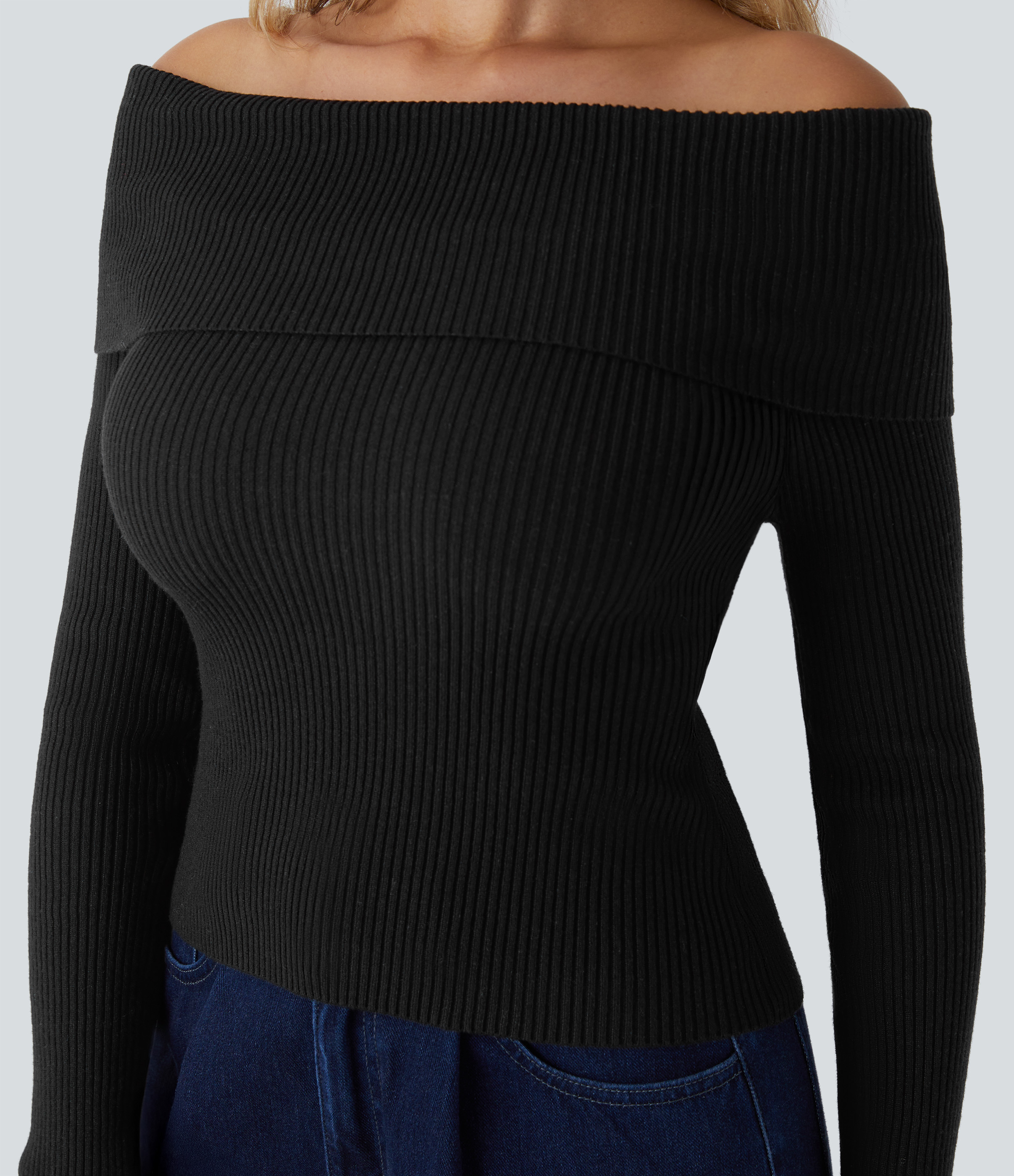 Halara Folded Off Shoulder Long Sleeve Casual Sweater  - Black - M 