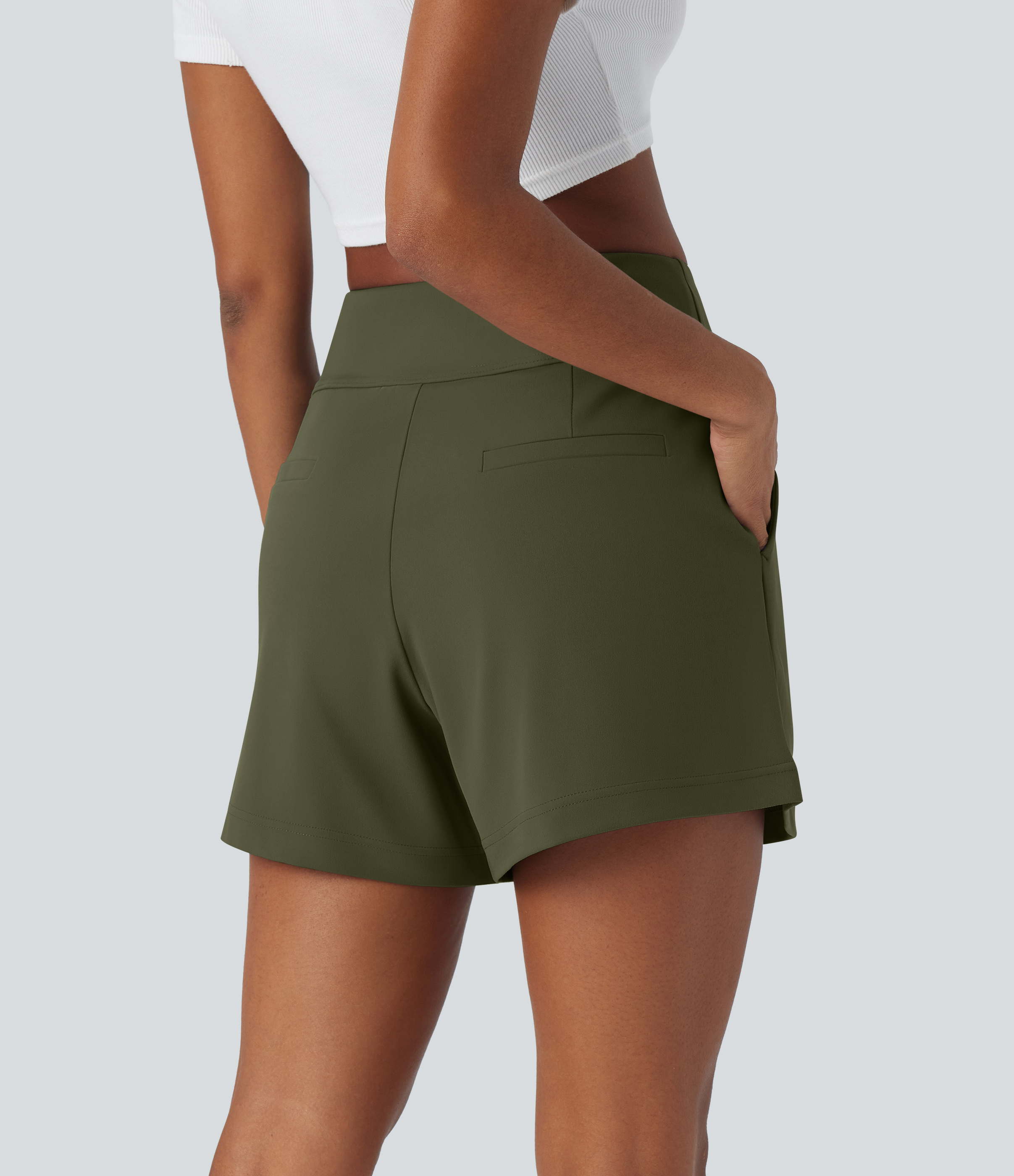 Halara High Waisted Plicated Side Pocket Wide Leg Work Shorts  - Forest Night - S 