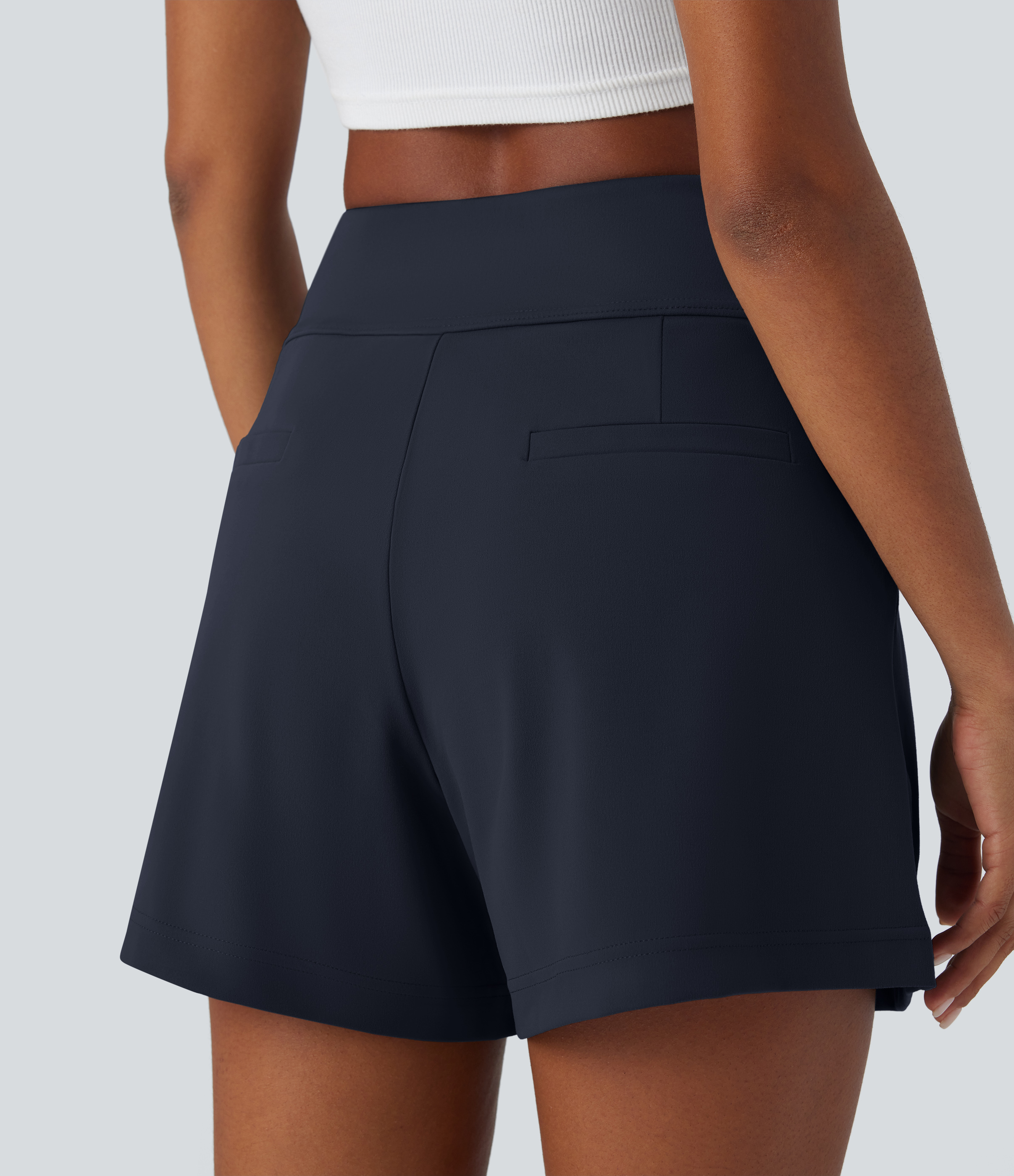 Halara High Waisted Plicated Side Pocket Wide Leg Work Shorts  - Midnight Blue - S 