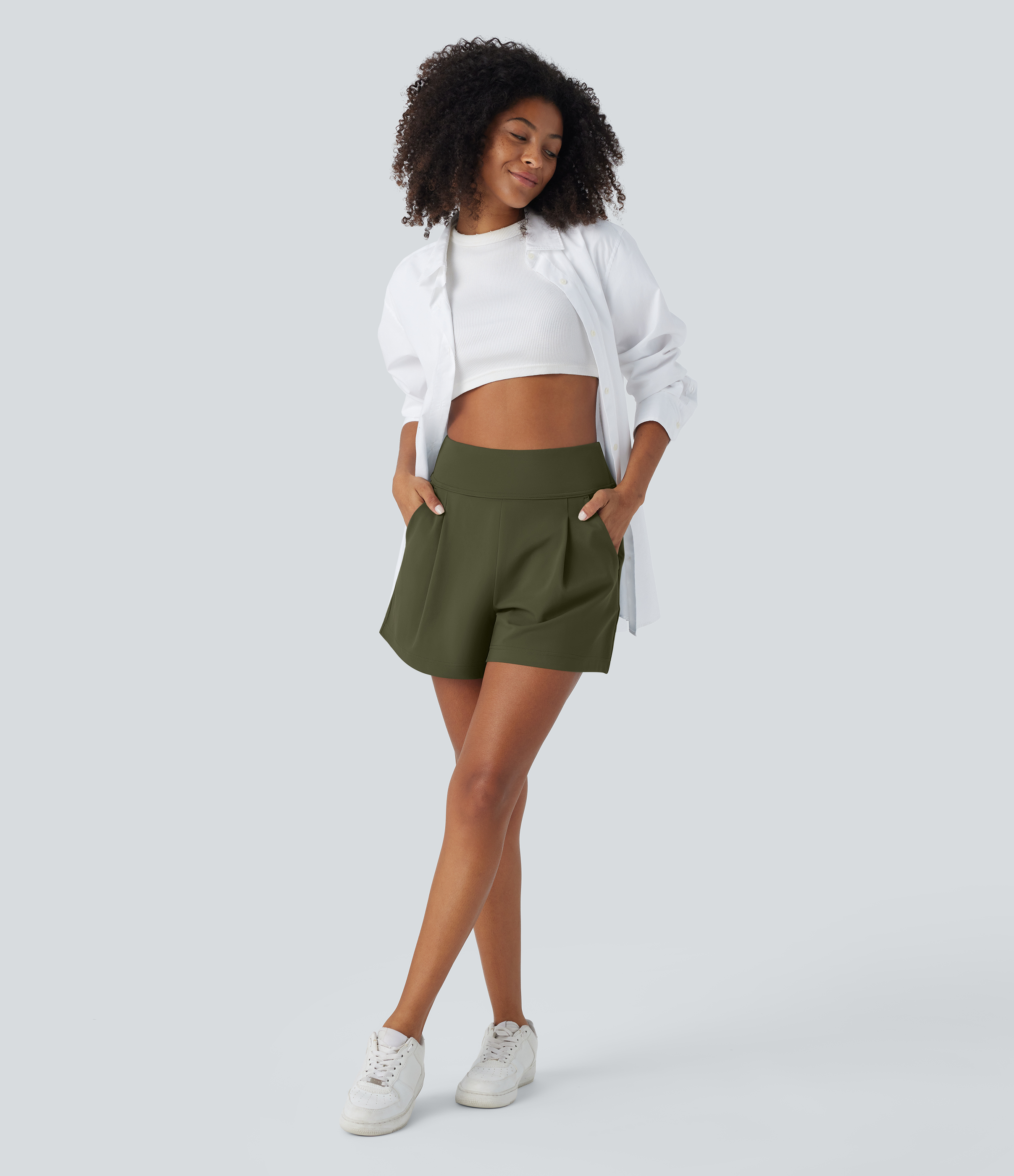 Halara High Waisted Plicated Side Pocket Wide Leg Work Shorts  - Forest Night - S 