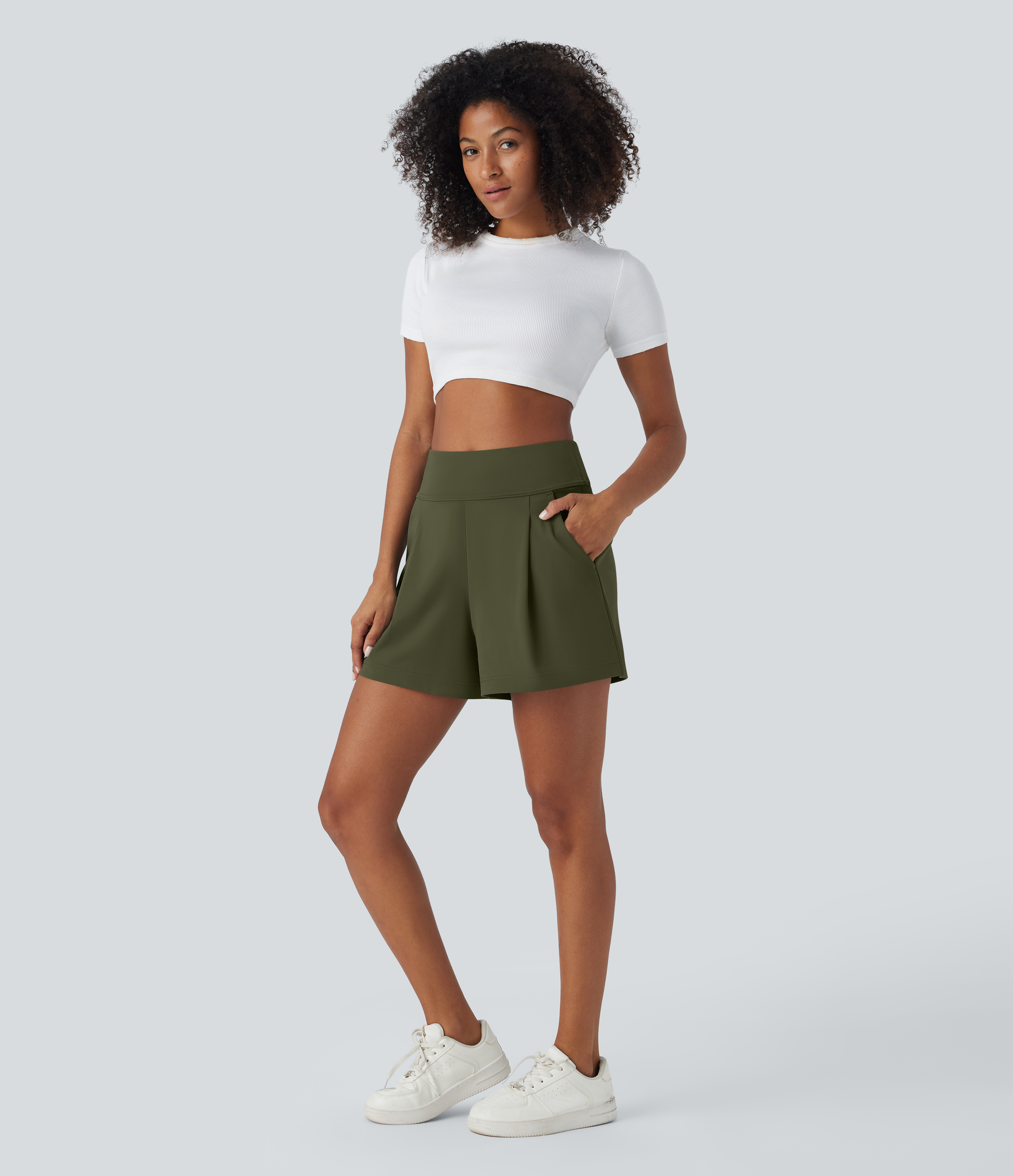 Halara High Waisted Plicated Side Pocket Wide Leg Work Shorts  - Forest Night - S 
