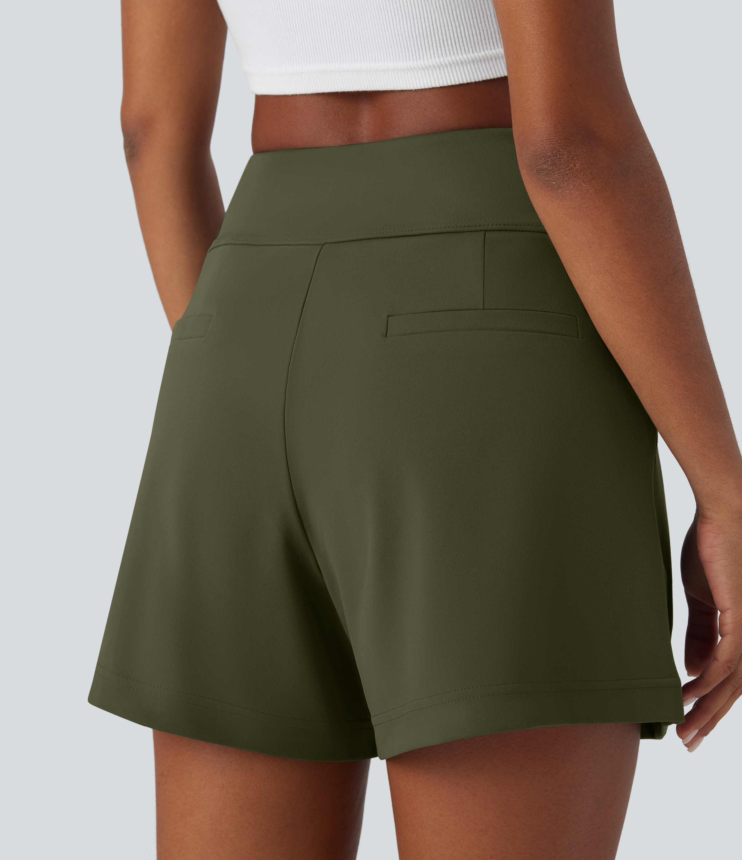 Halara High Waisted Plicated Side Pocket Wide Leg Work Shorts  - Forest Night - S 