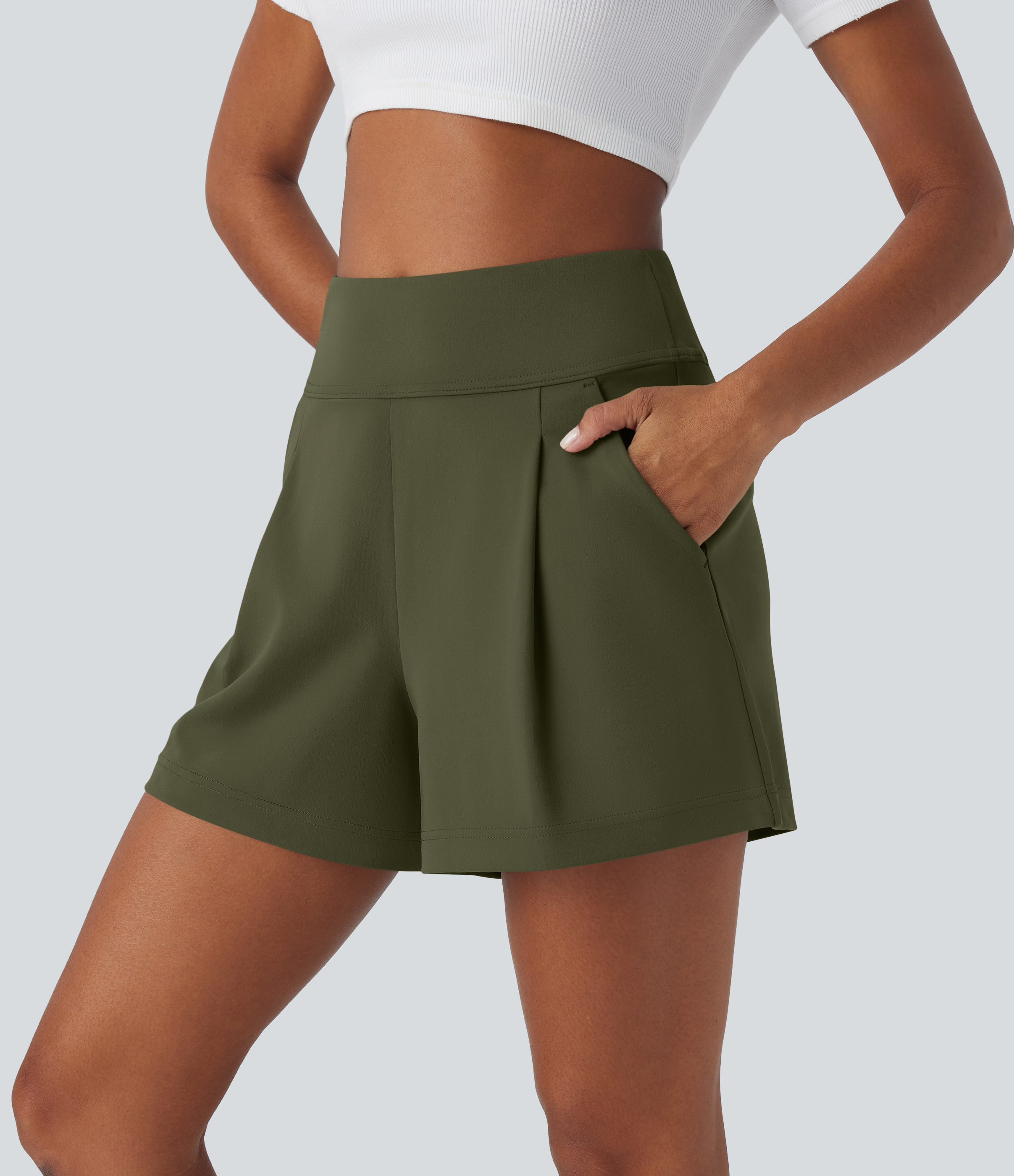 Halara High Waisted Plicated Side Pocket Wide Leg Work Shorts  - Forest Night - S 