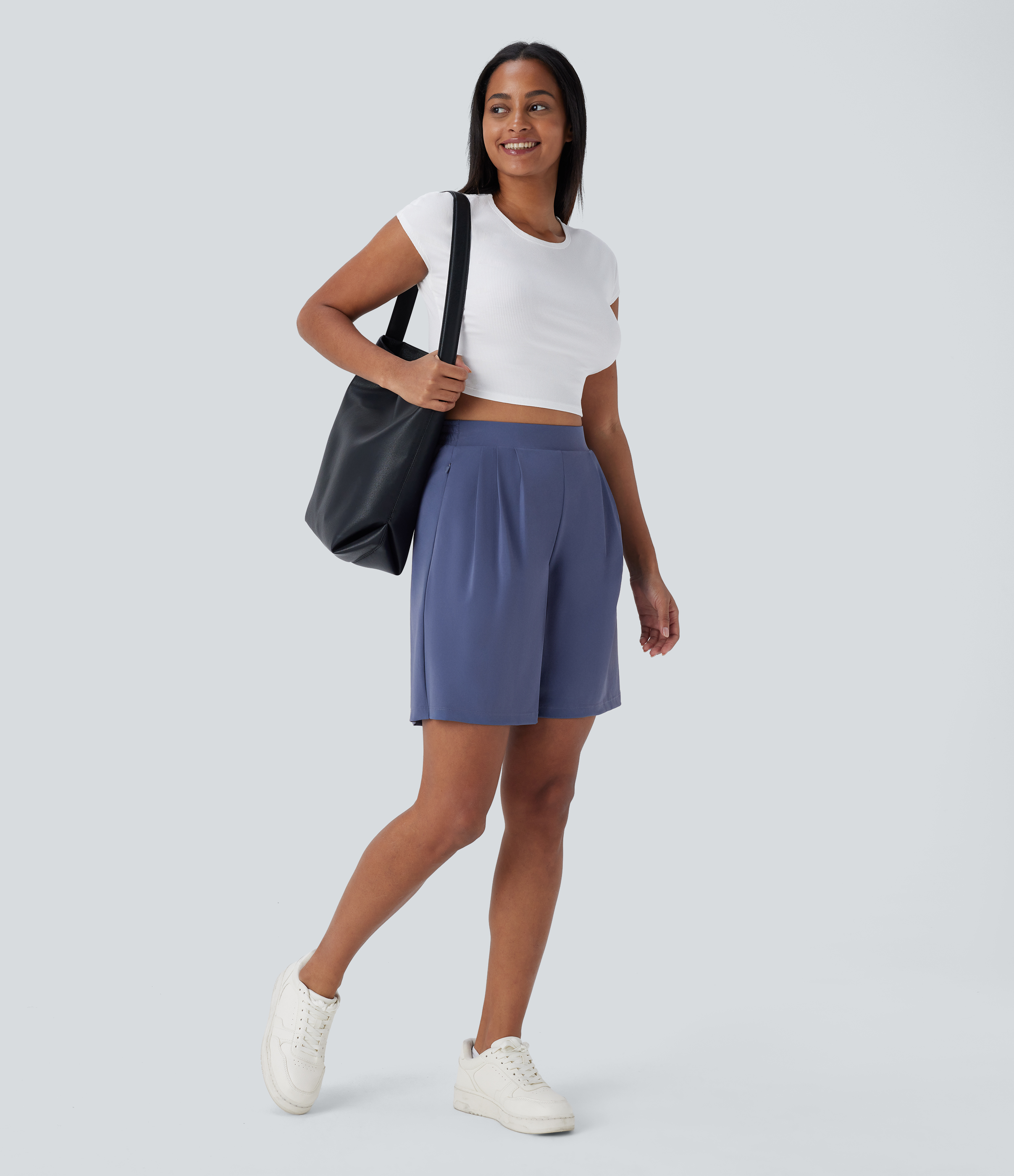 Halara High Waisted Side Zipper Pockets Work Bermuda Shorts  - Nightshadow Blue - M booty shorts compression shorts yoga shorts 