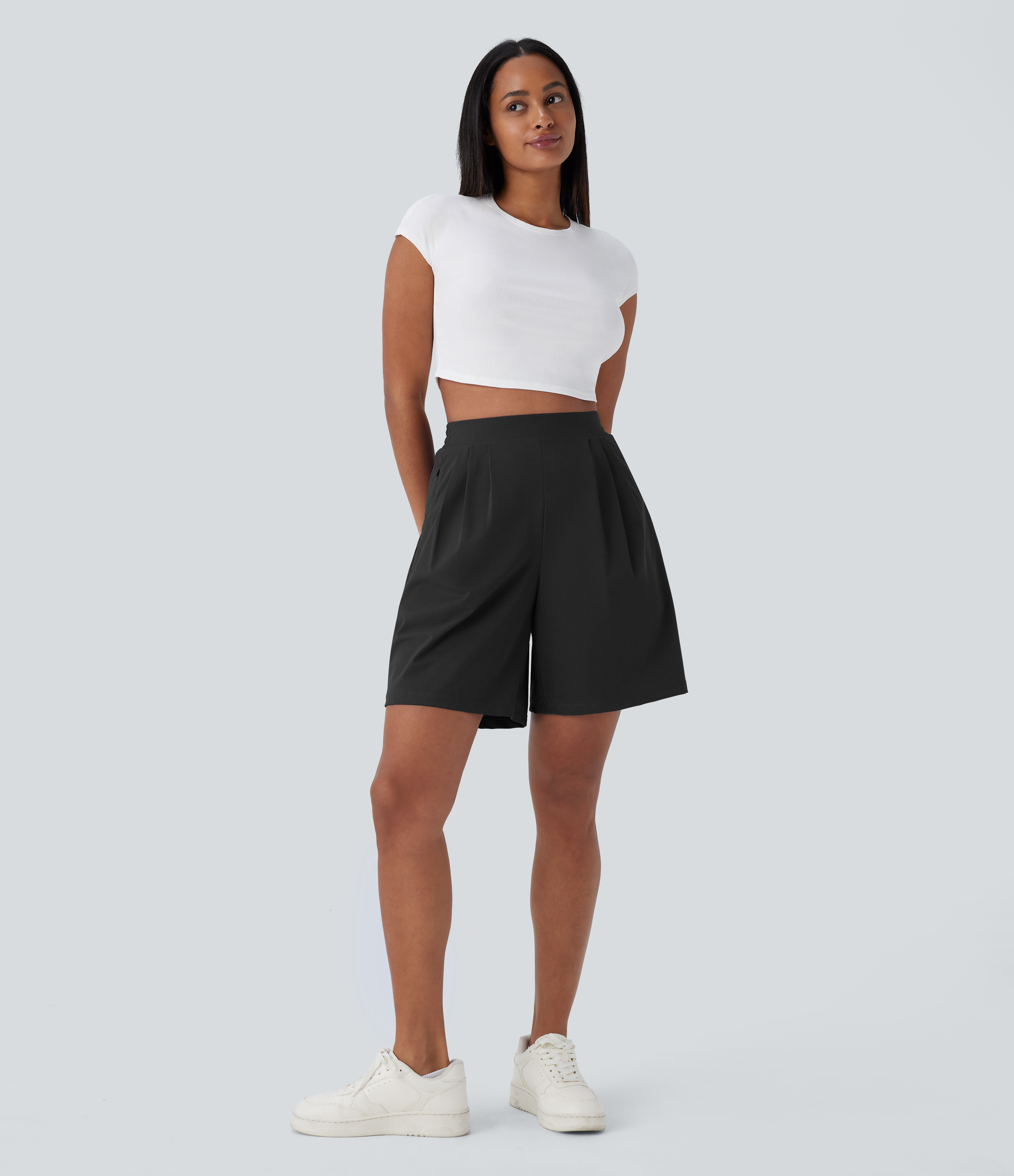 Halara High Waisted Side Zipper Pockets Work Bermuda Shorts  - Black - XS booty shorts compression shorts yoga shorts 