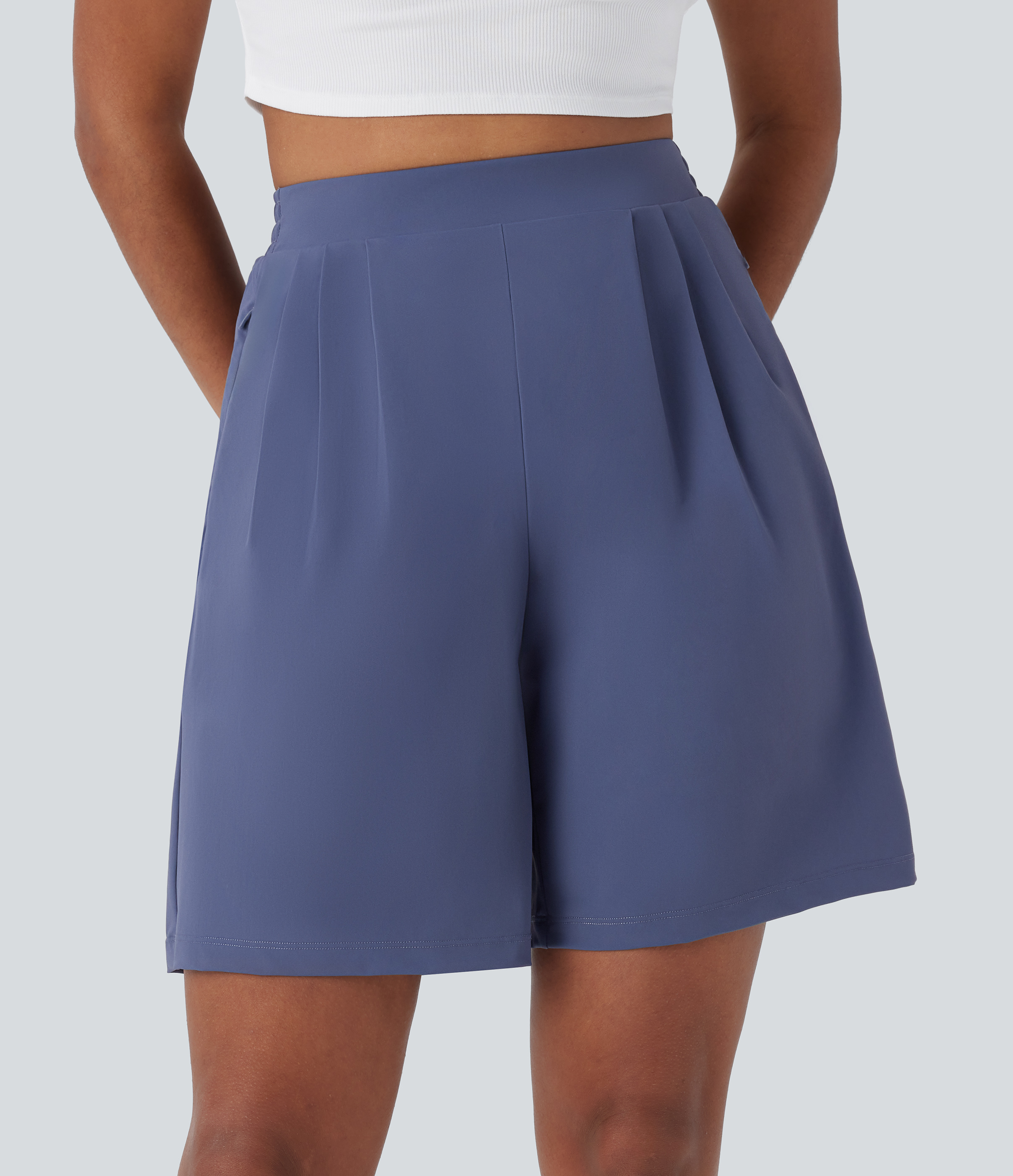 Halara High Waisted Side Zipper Pockets Work Bermuda Shorts  - Nightshadow Blue - M booty shorts compression shorts yoga shorts 