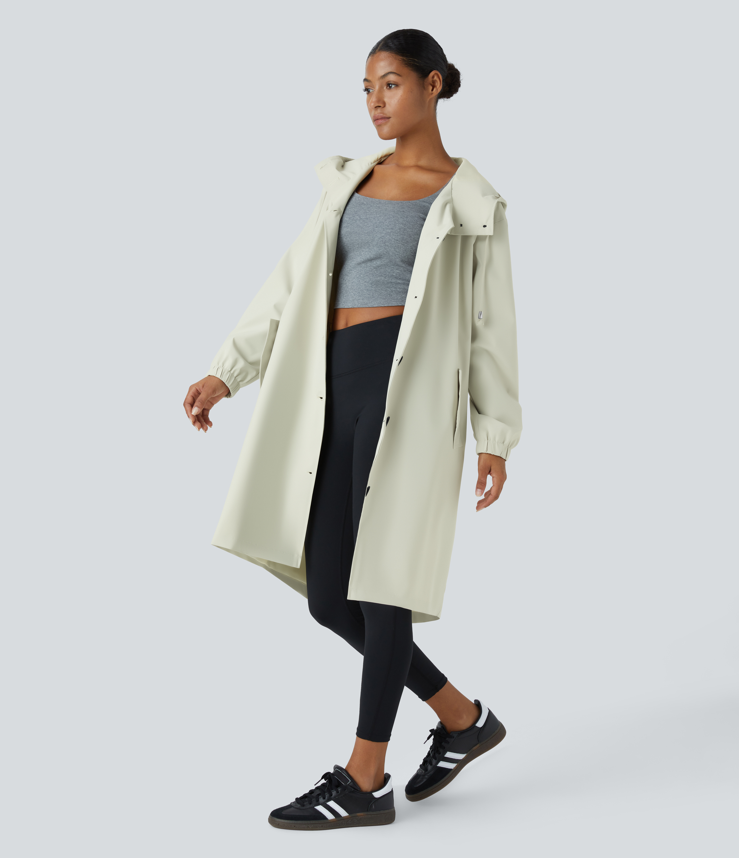 Halara Water Repellent Hooded Drawstring Button Long Sleeve Side Pocket Split Longline Hiking Jacket  - Powder White - M 