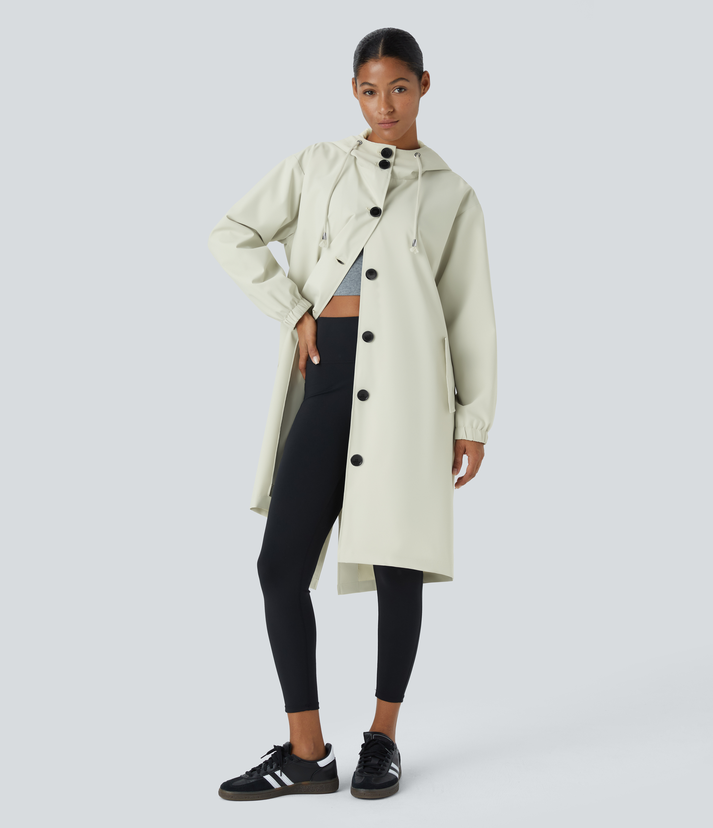 Halara Water Repellent Hooded Drawstring Button Long Sleeve Side Pocket Split Longline Hiking Jacket  - Powder White - M 