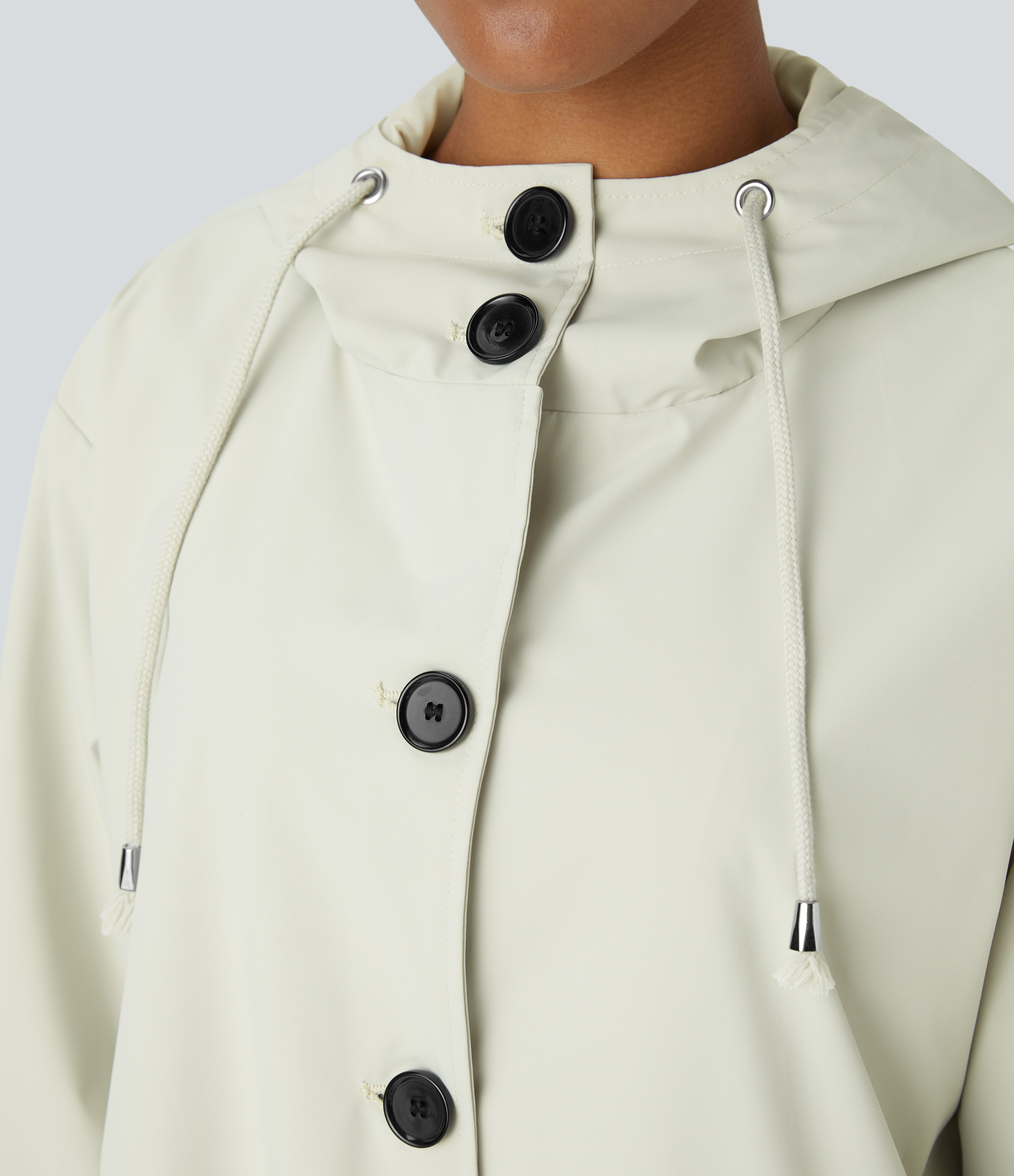 Halara Water Repellent Hooded Drawstring Button Long Sleeve Side Pocket Split Longline Hiking Jacket  - Powder White - M 