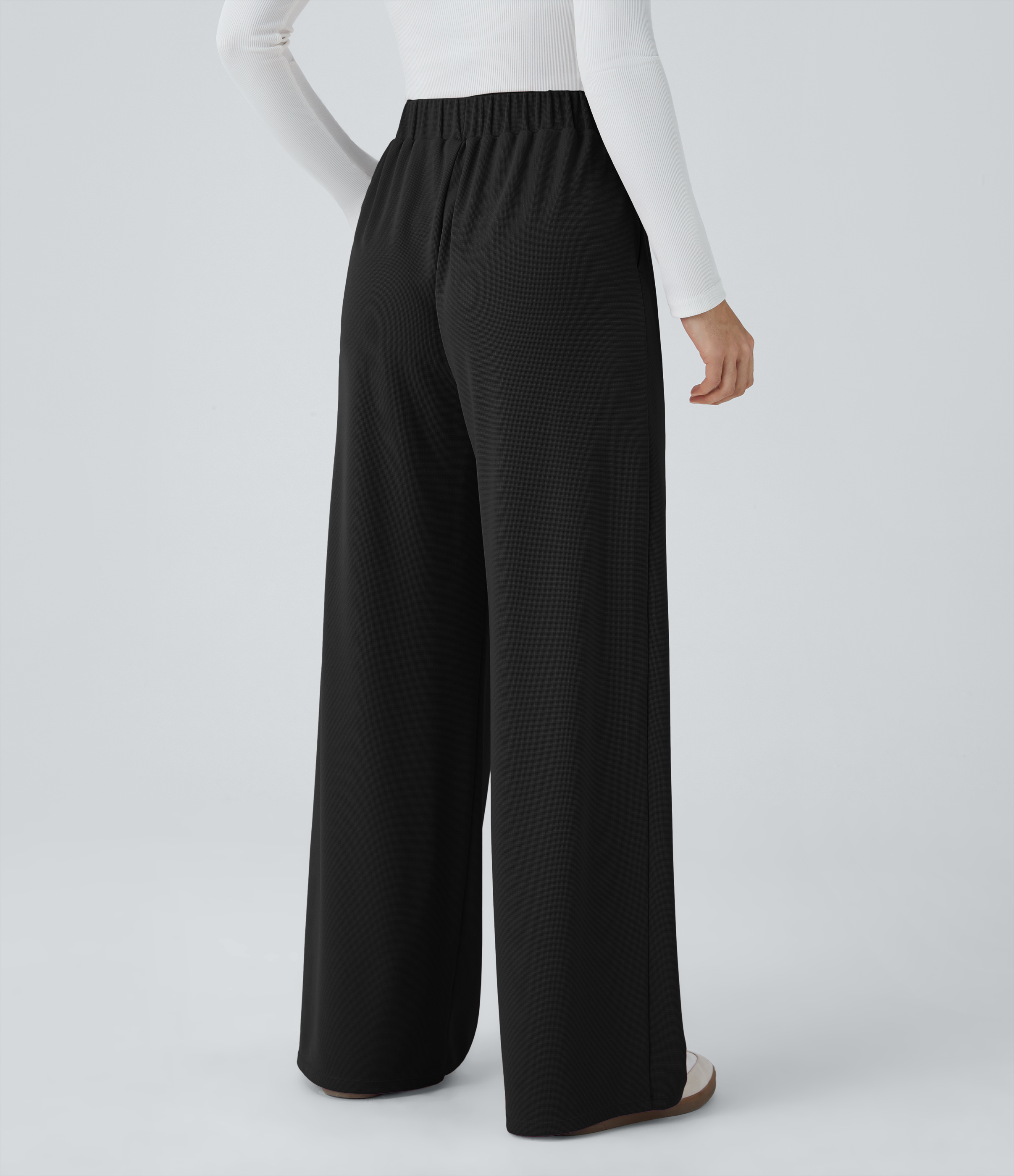 Noir Pantalon taille haute décontracté large en maille gaufrée, avec poches / 2