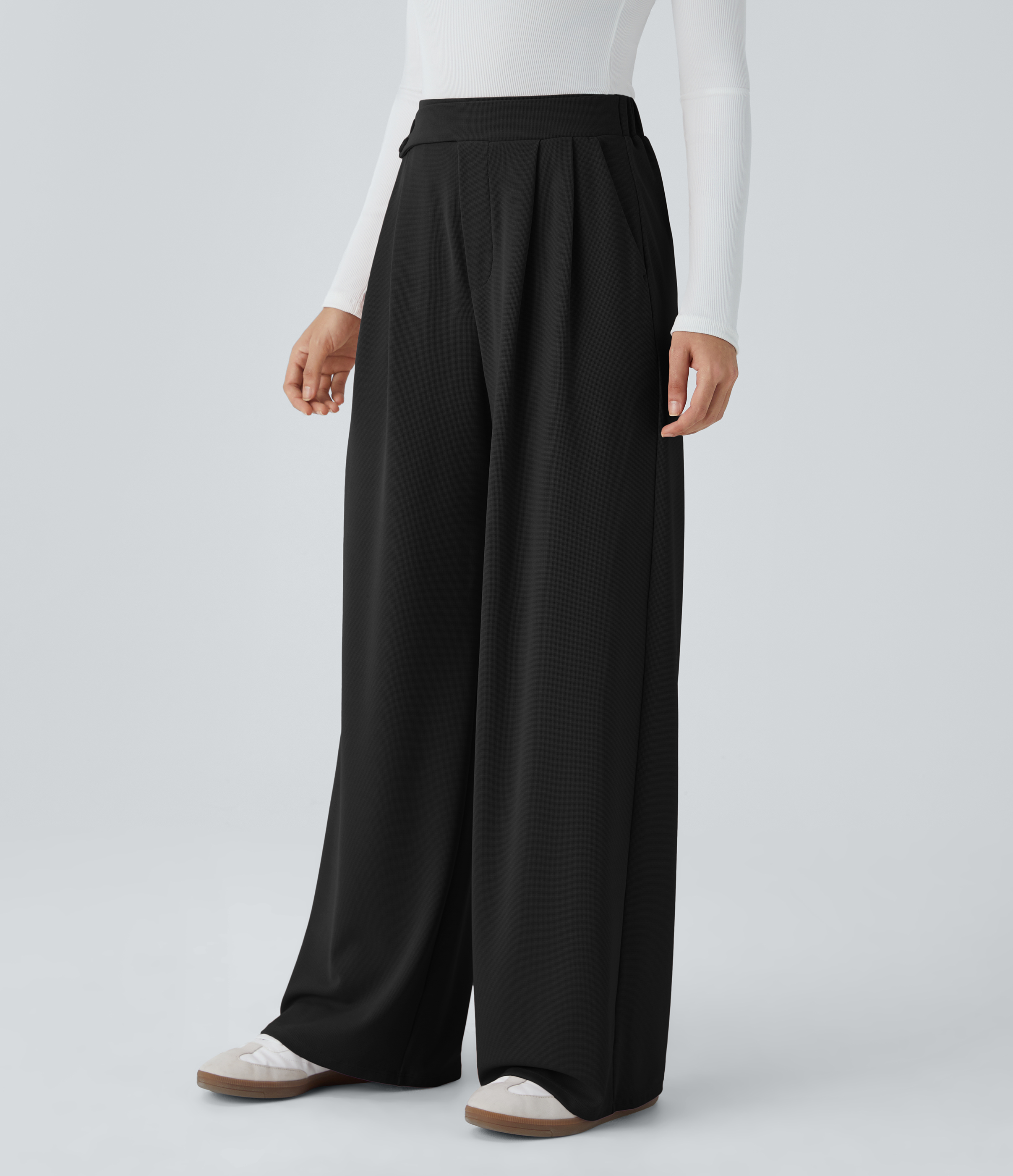 Pantalon taille haute décontracté large en maille gaufrée, avec poches