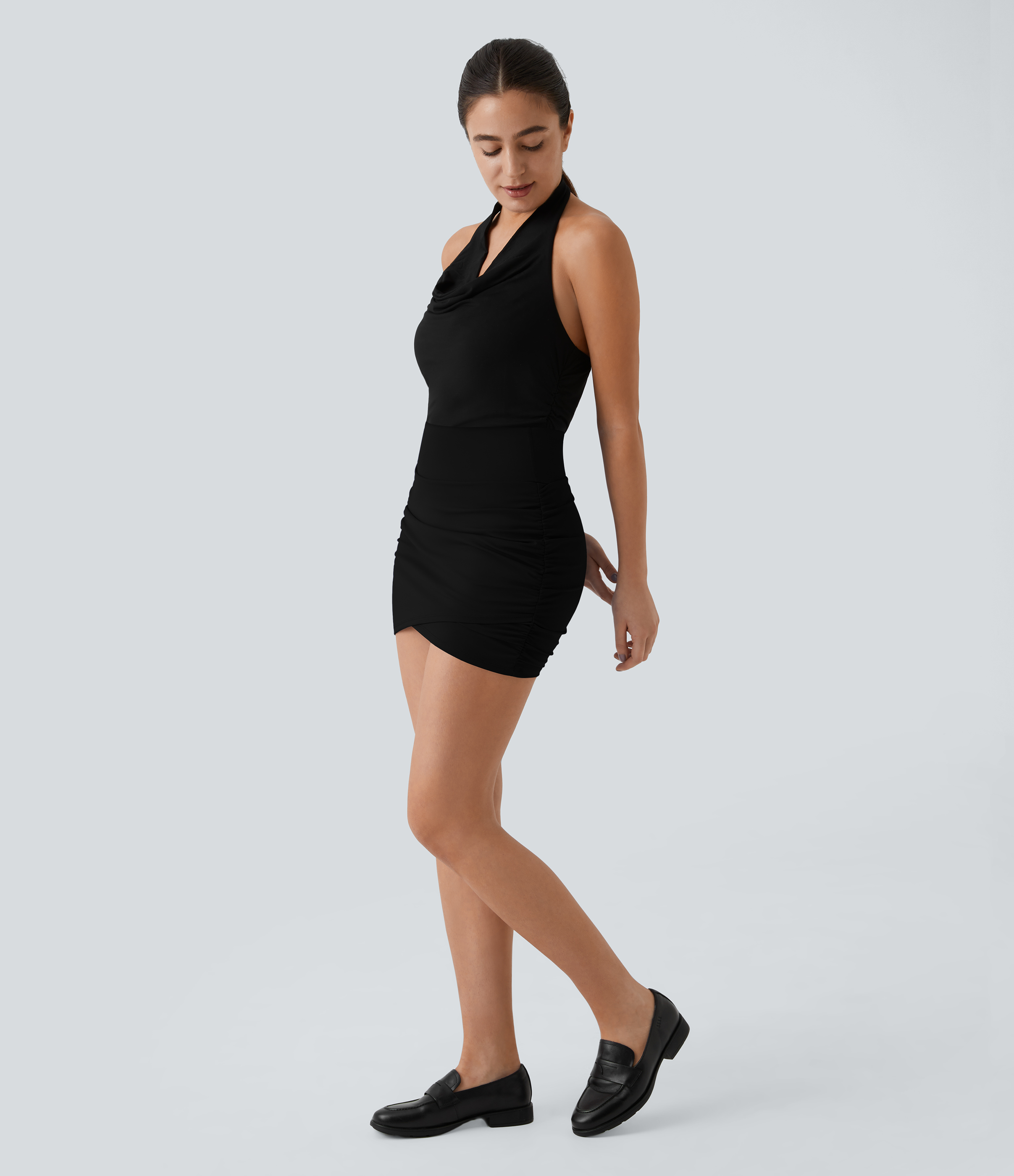 Halara High Waisted Bodycon Side Pocket 2-in-1 Mini Ruched Casual Skirt  - Black - M midi skirt a line skirt golfing skirt 