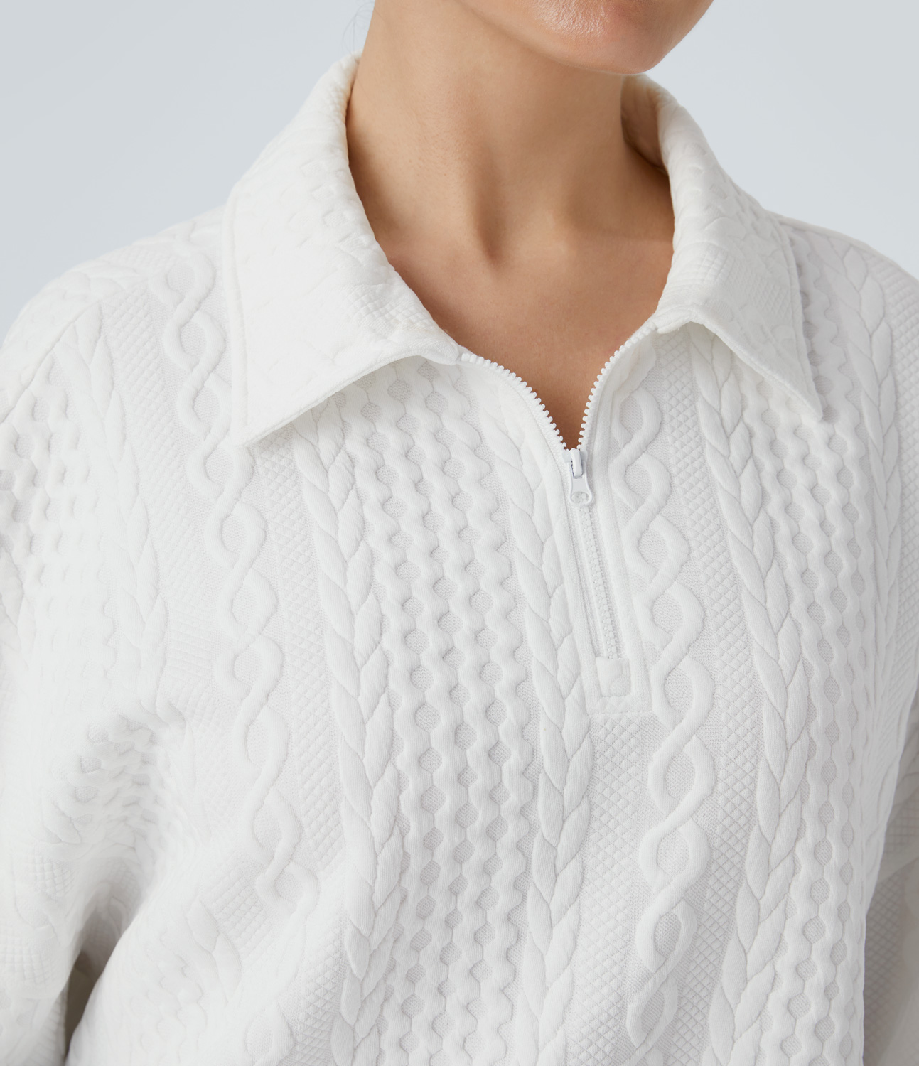 Halara Collared Half Zip Long Sleeve Casual Knit Sweatshirt  - White - S 