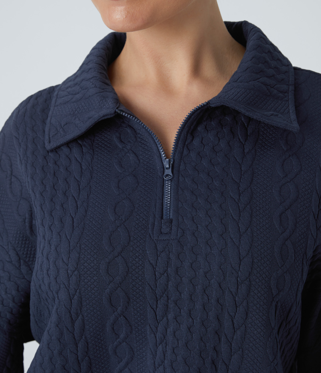 Halara Collared Half Zip Long Sleeve Casual Knit Sweatshirt  - Night Blue - XL 