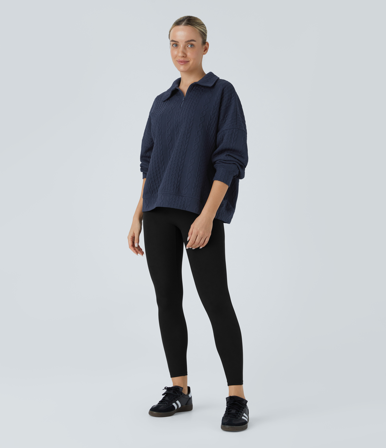 Halara Collared Half Zip Long Sleeve Casual Knit Sweatshirt  - Night Blue - XL 