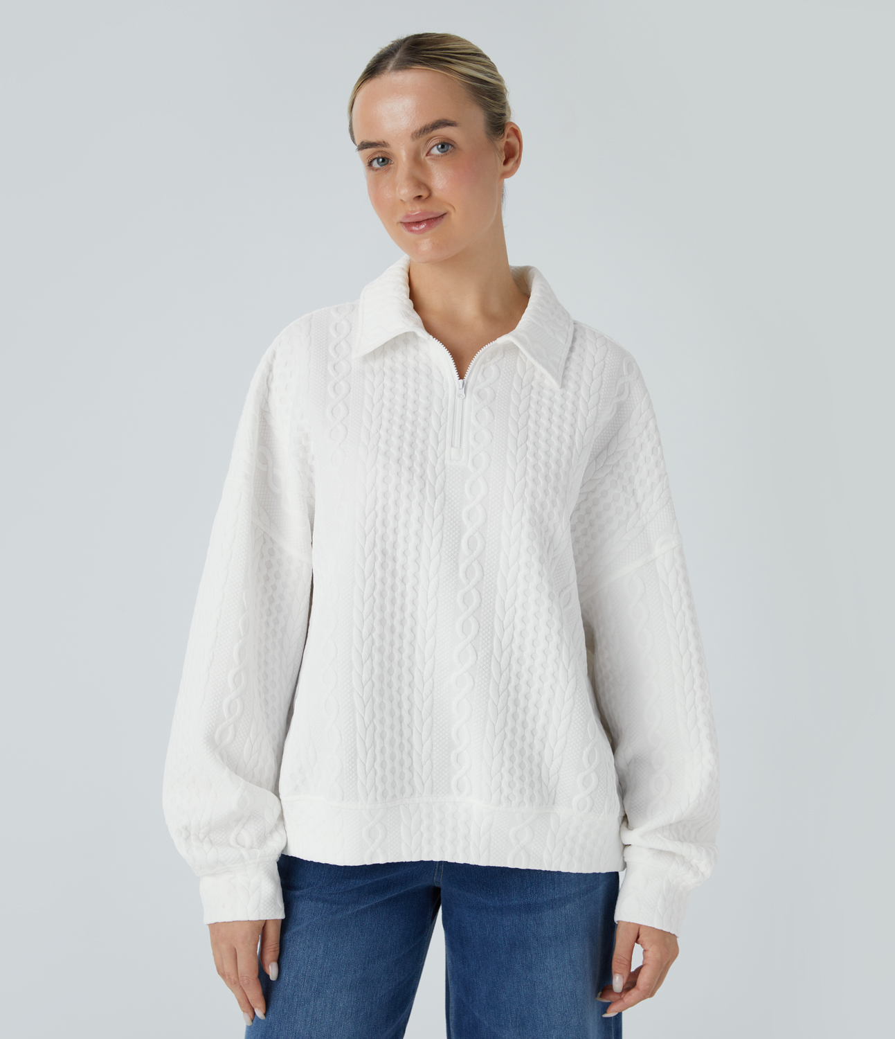 Halara Collared Half Zip Long Sleeve Casual Knit Sweatshirt  - White - S 
