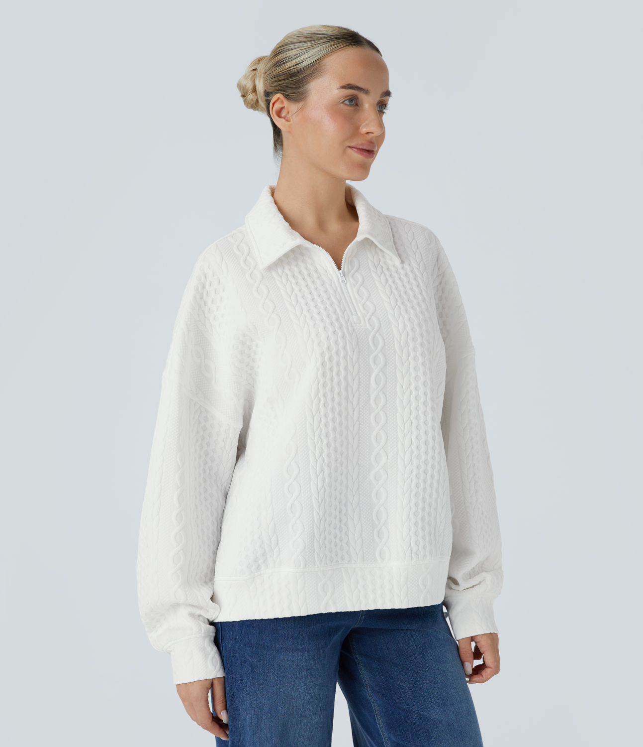 Halara Collared Half Zip Long Sleeve Casual Knit Sweatshirt  - White - S 