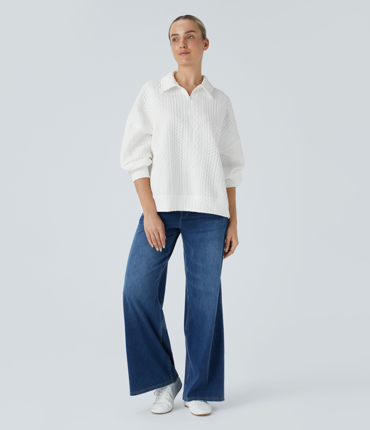 Halara Collared Half Zip Long Sleeve Casual Knit Sweatshirt  - White - S 
