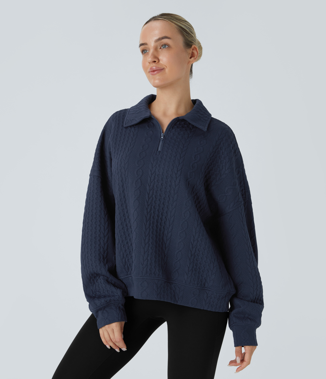 Halara Collared Half Zip Long Sleeve Casual Knit Sweatshirt  - Night Blue - XL 