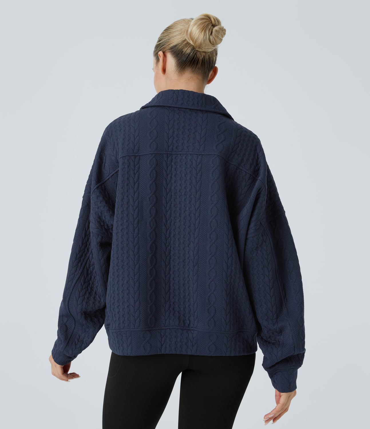 Halara Collared Half Zip Long Sleeve Casual Knit Sweatshirt  - Night Blue - XL 
