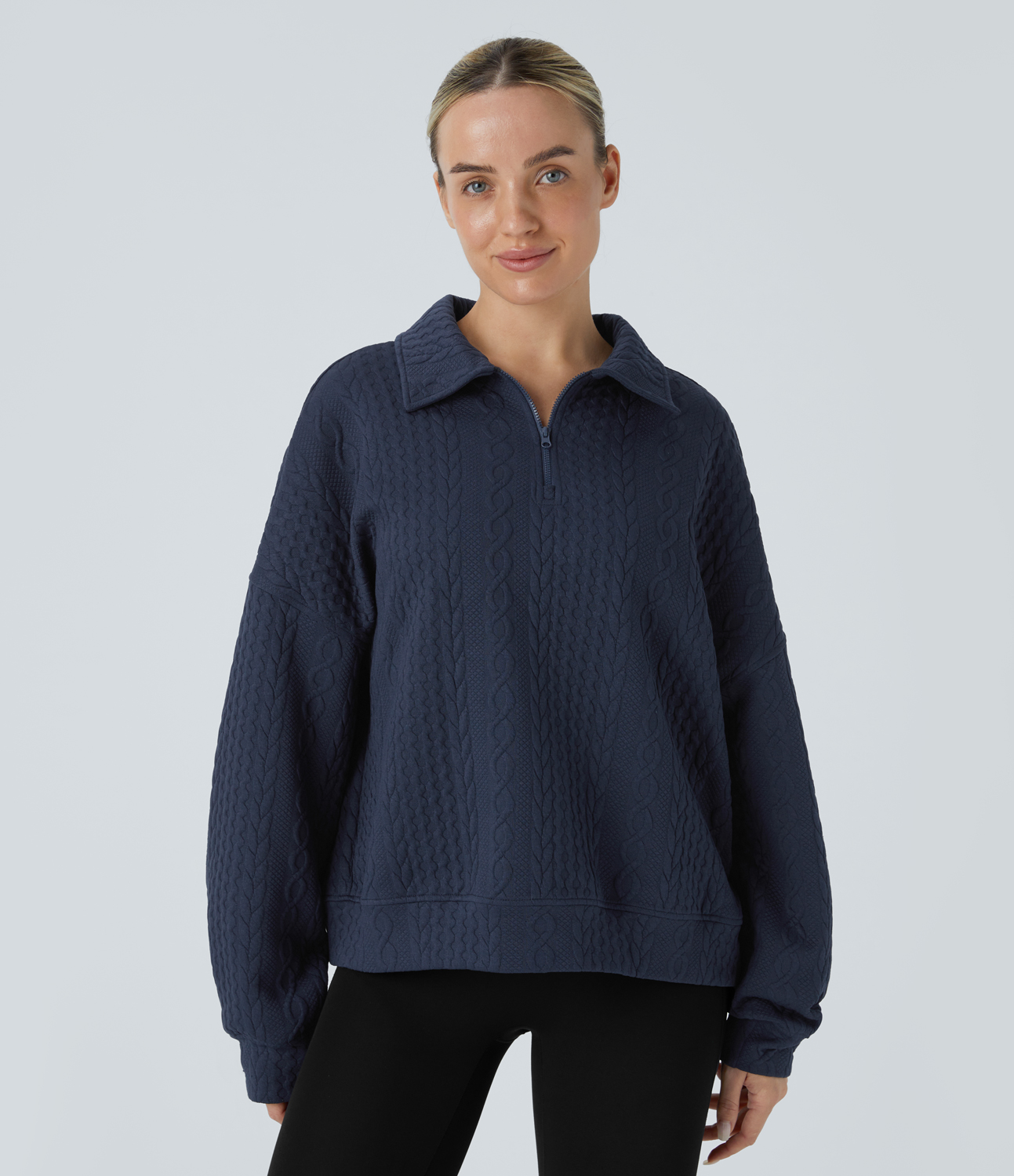 Halara Collared Half Zip Long Sleeve Casual Knit Sweatshirt  - Night Blue - XL 