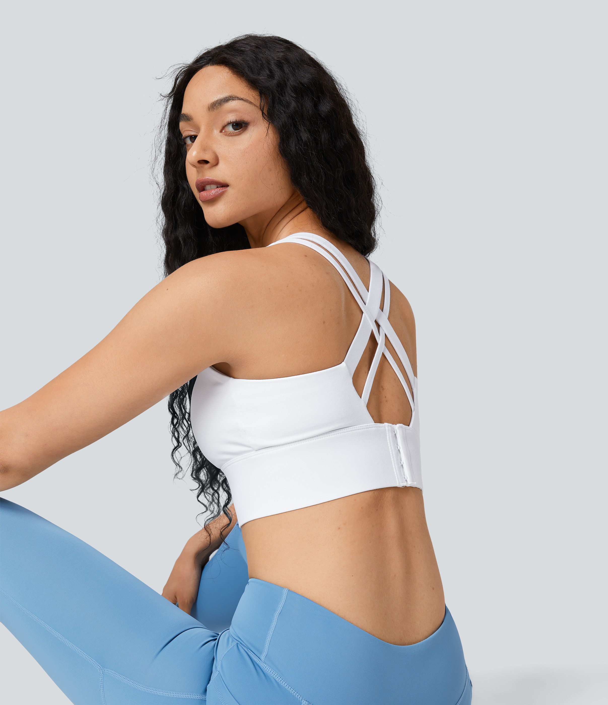 Halara Medium Support U Neck Backless Crisscross Adjustable Hook Running Sports Bra  - White - S push up bra strapless bra backless bra 