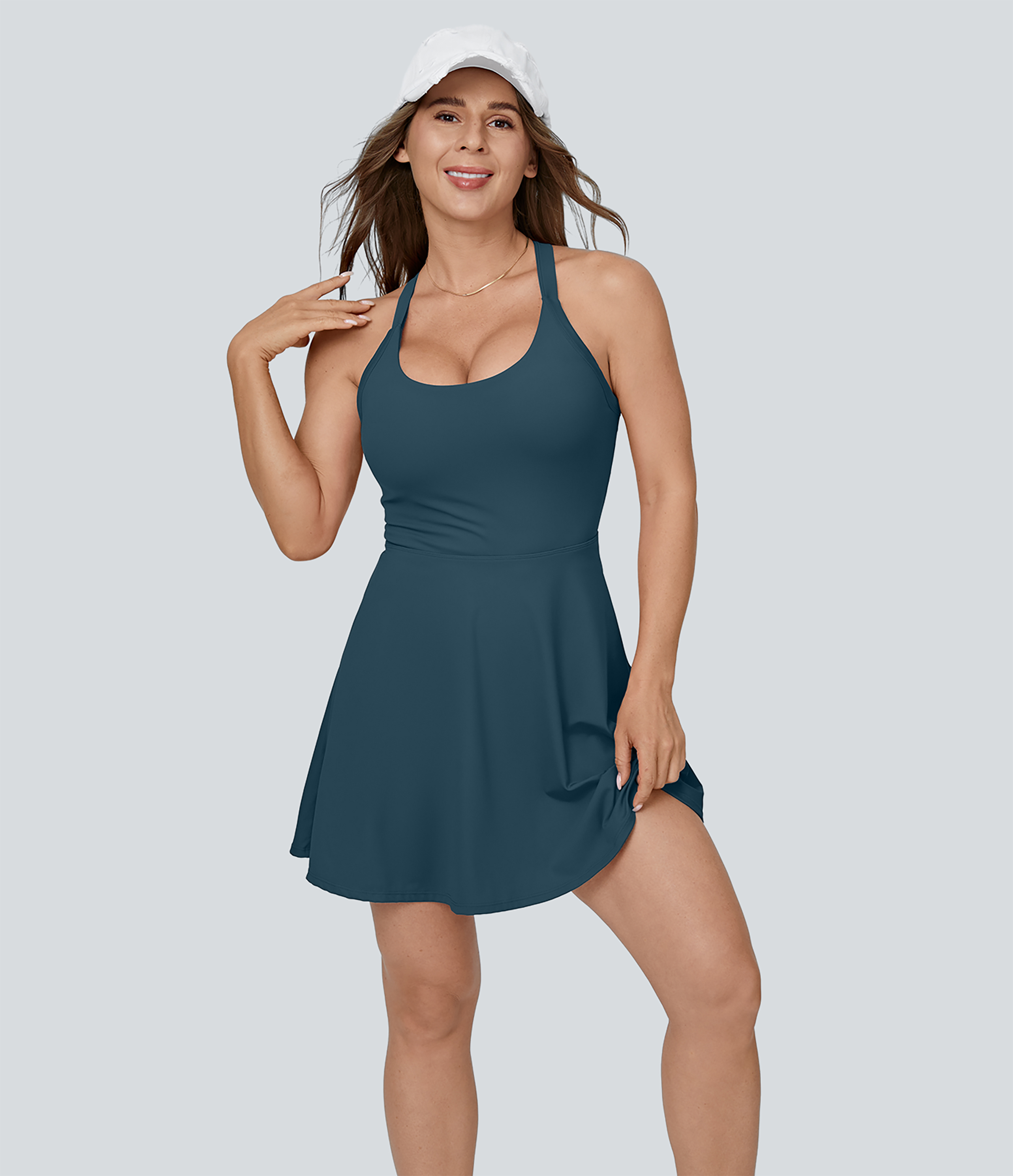 Halara Backless Twisted Flare Mini Dance Active Dress-DD/DDD/F Cups Workout Dress - Majolica Blue - XL 