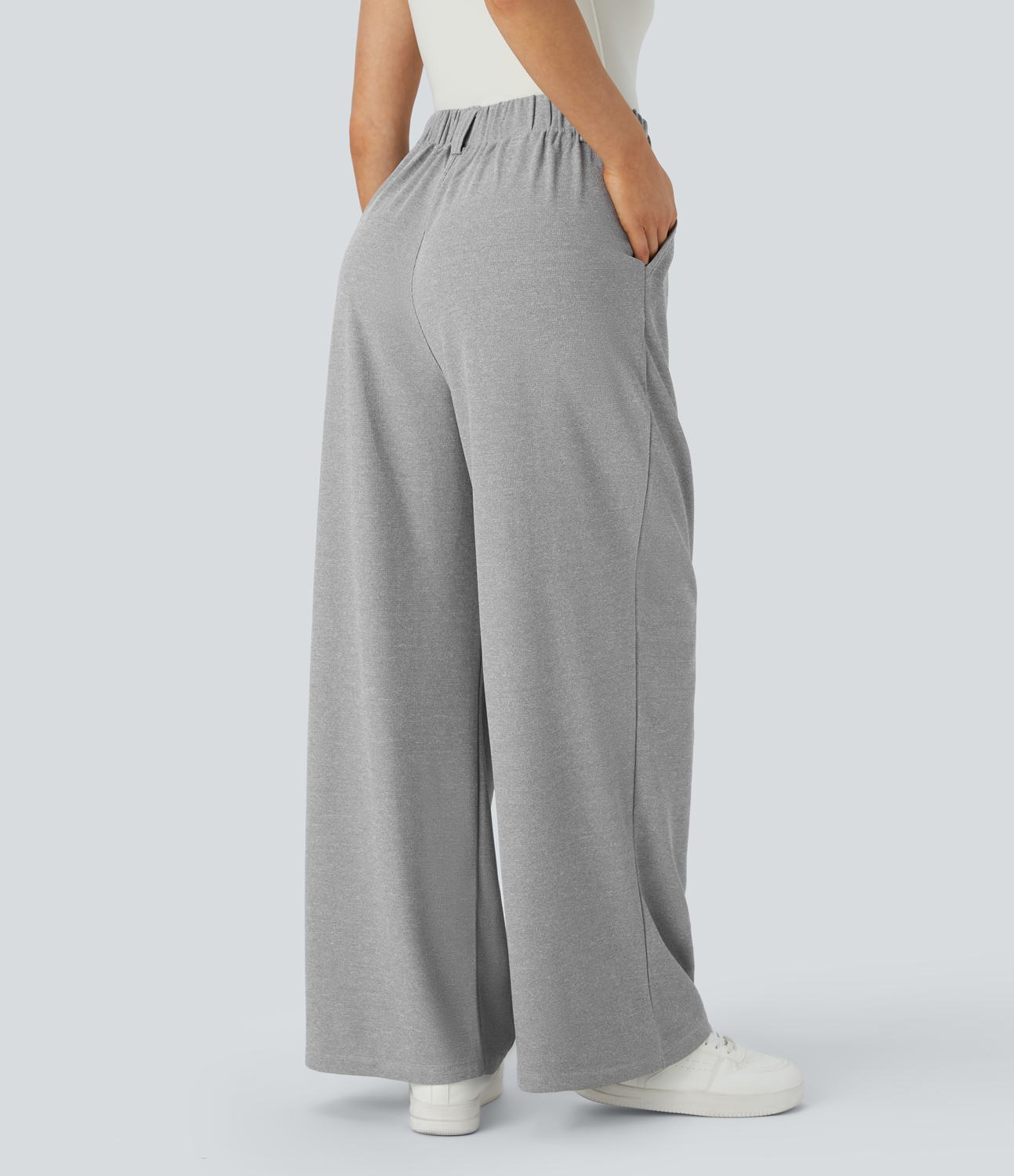 Halara High Waisted Plicated Side Pocket Wide Leg Waffle Work Pants  - Waffle Gray - L(tall) sweatpants jogger pants stacked sweatpants 