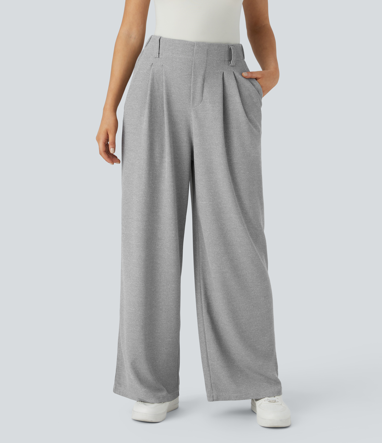 Halara High Waisted Plicated Side Pocket Wide Leg Waffle Work Pants  - Waffle Gray - L(tall) sweatpants jogger pants stacked sweatpants 