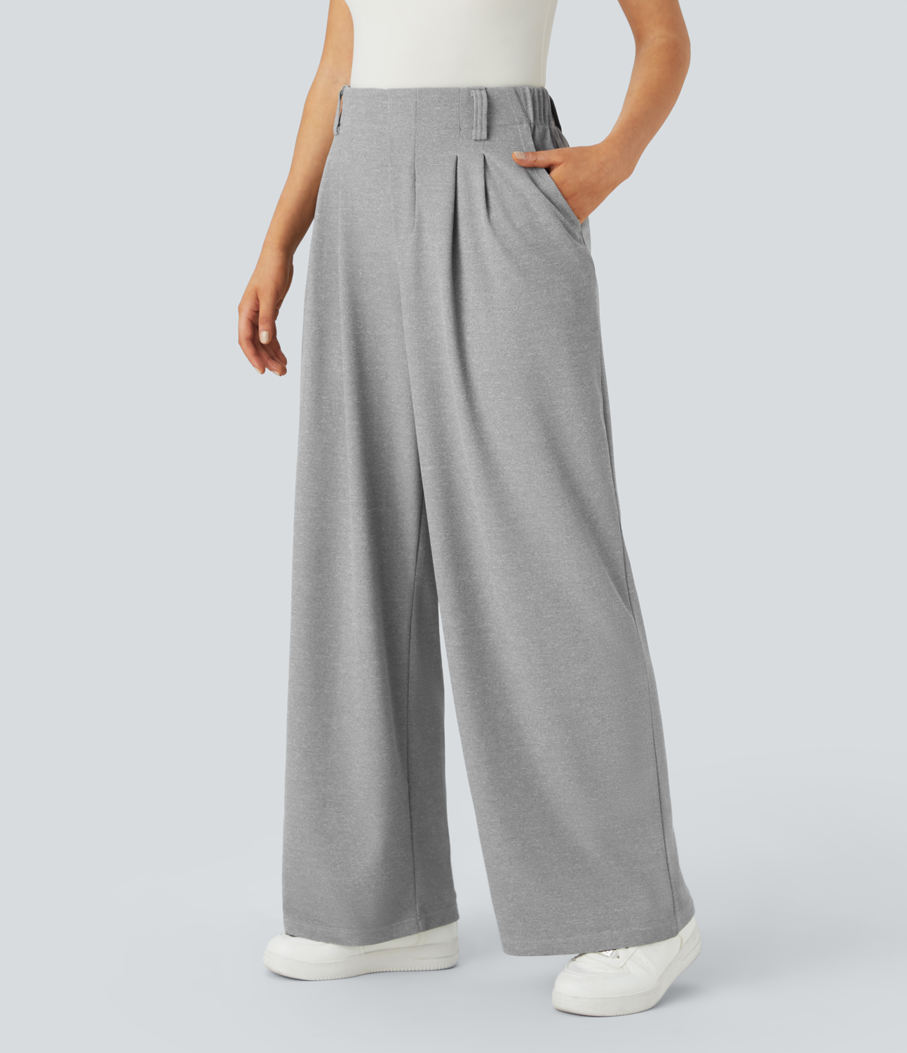 Halara High Waisted Plicated Side Pocket Wide Leg Waffle Work Pants  - Waffle Gray - L(tall) sweatpants jogger pants stacked sweatpants 