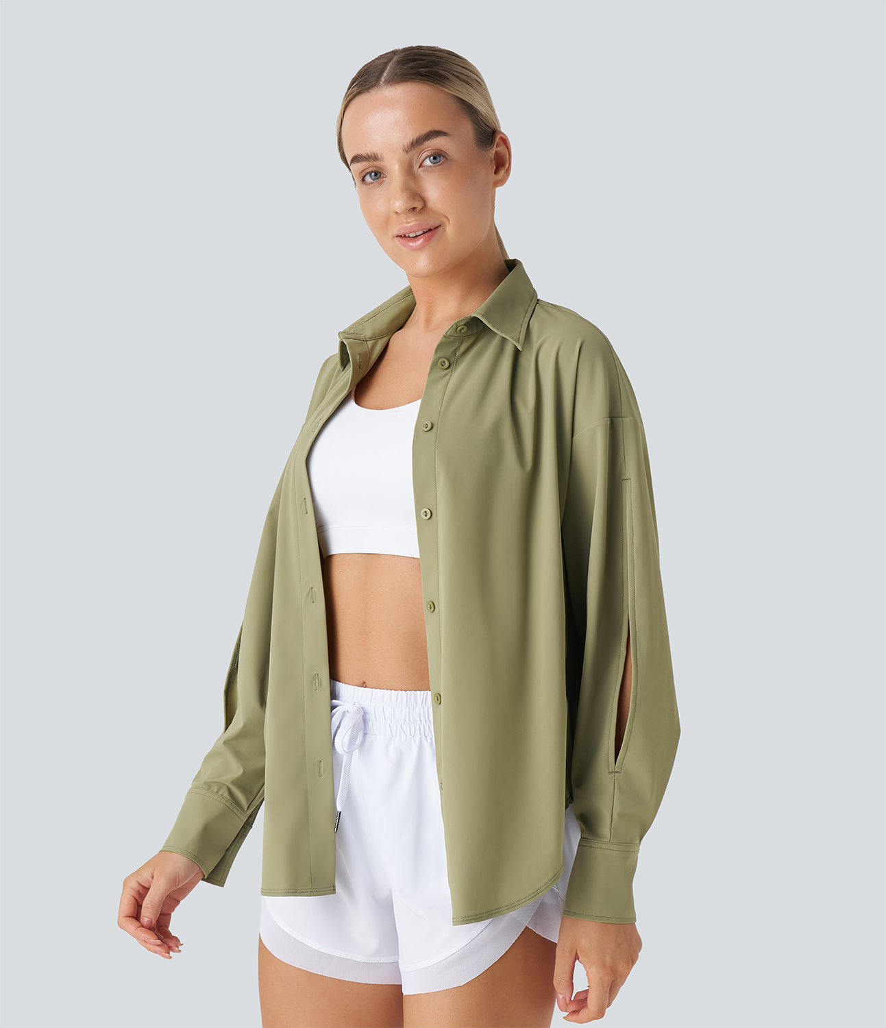 Halara Split Cut Out Sleeve Button Front Curved Hem Hiking Shirt  - Cedar - L 