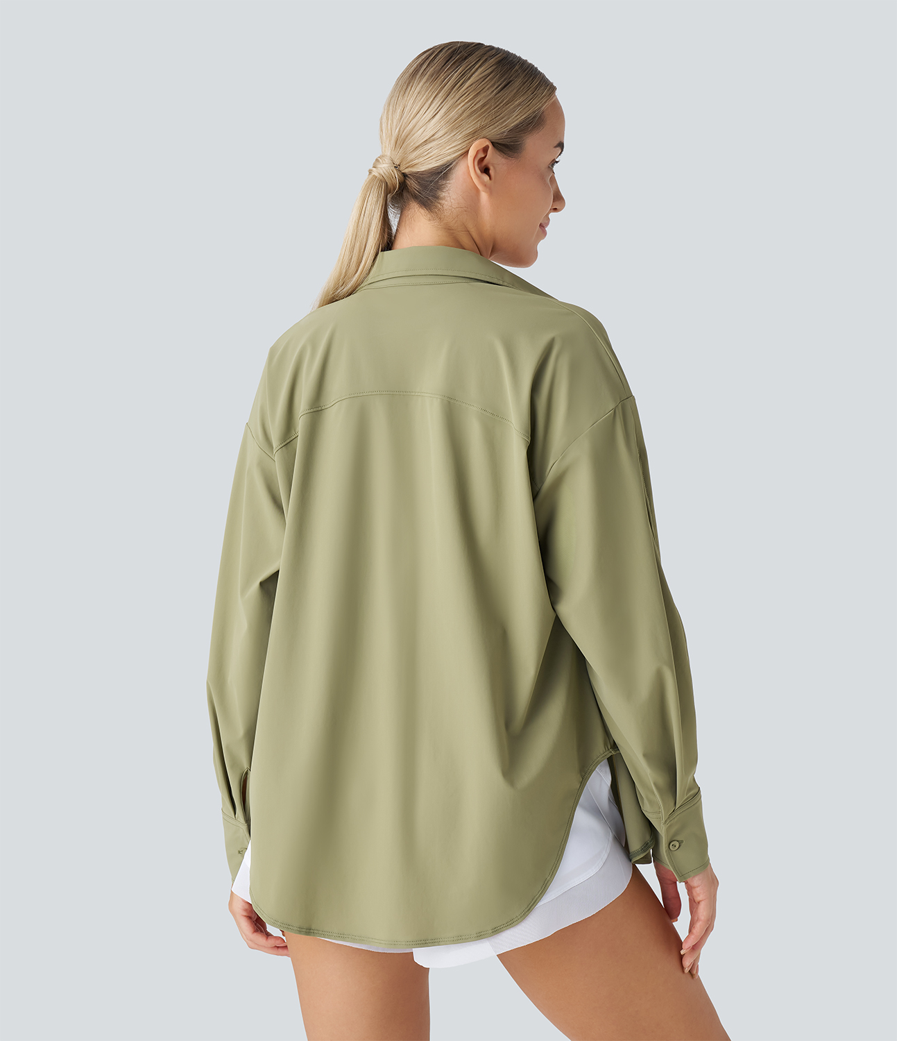Halara Split Cut Out Sleeve Button Front Curved Hem Hiking Shirt  - Cedar - L 