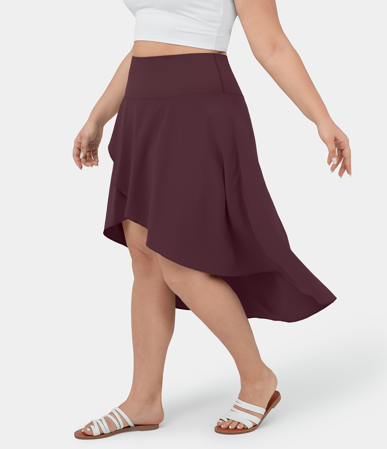 

Halara Breezefulв„ў High Waisted Asymmetric Ruffle High Low Flowy 2-in-1 Quick Dry Dance Plus Size Skirt - Deep Crimson