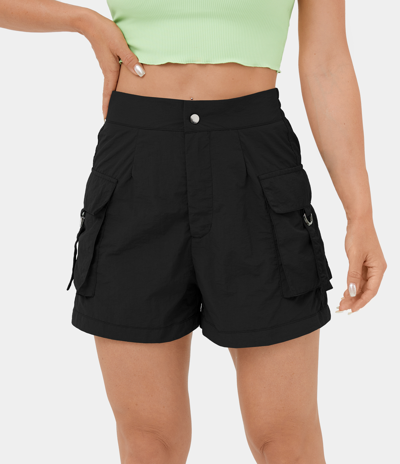 Halara High Waisted Button Zipper Flap Pocket Casual Cargo Shorts 3`` Gym Short - Black - S booty shorts compression shorts yoga shorts 