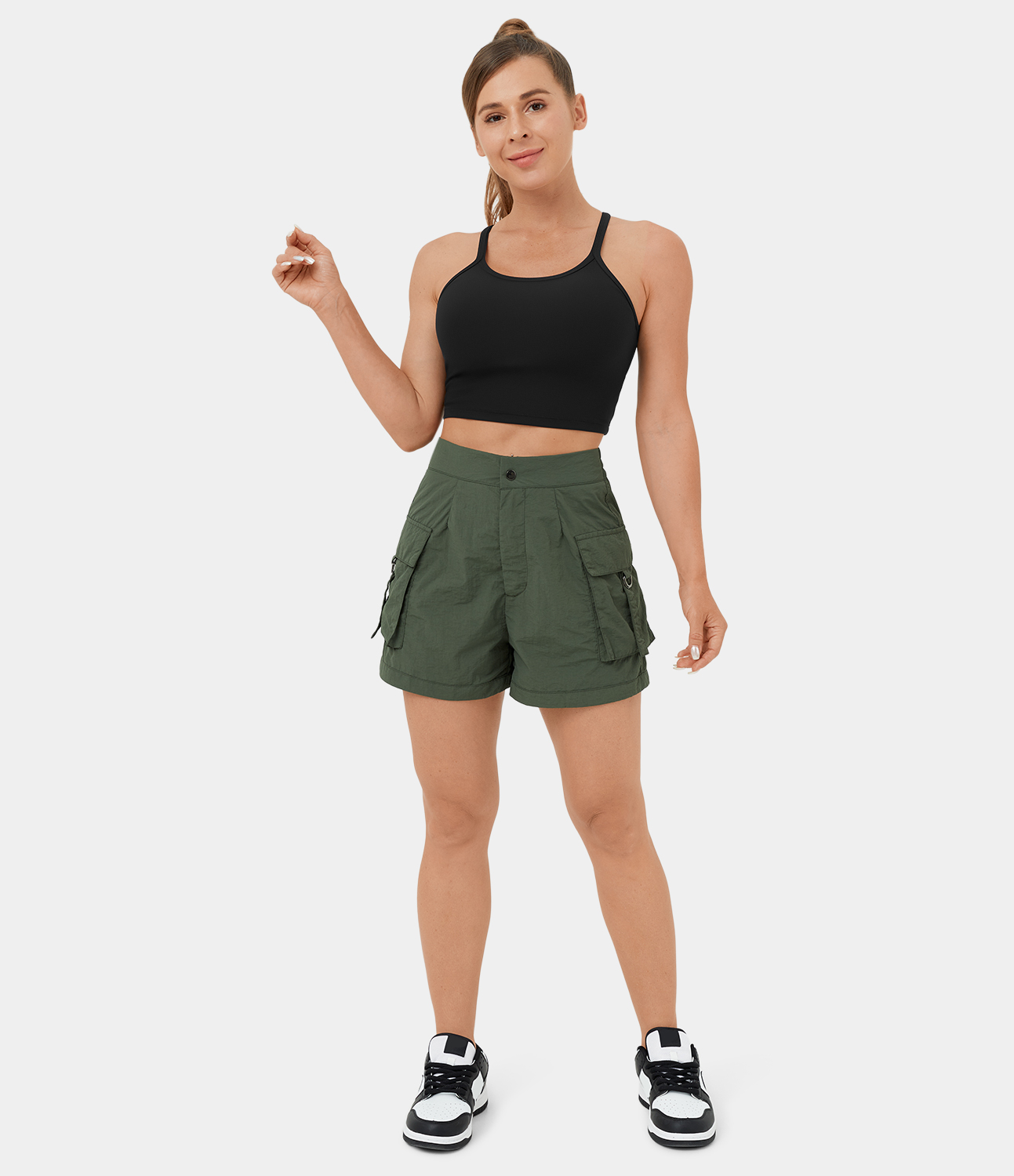 Halara High Waisted Button Zipper Flap Pocket Casual Cargo Shorts 3`` Gym Short - Deep Tea Green - S booty shorts compression shorts 