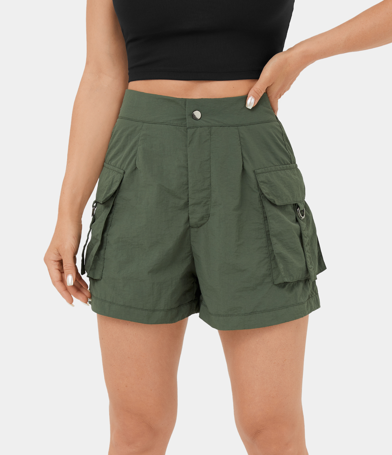 Halara High Waisted Button Zipper Flap Pocket Casual Cargo Shorts 3`` Gym Short - Deep Tea Green - S booty shorts compression shorts 