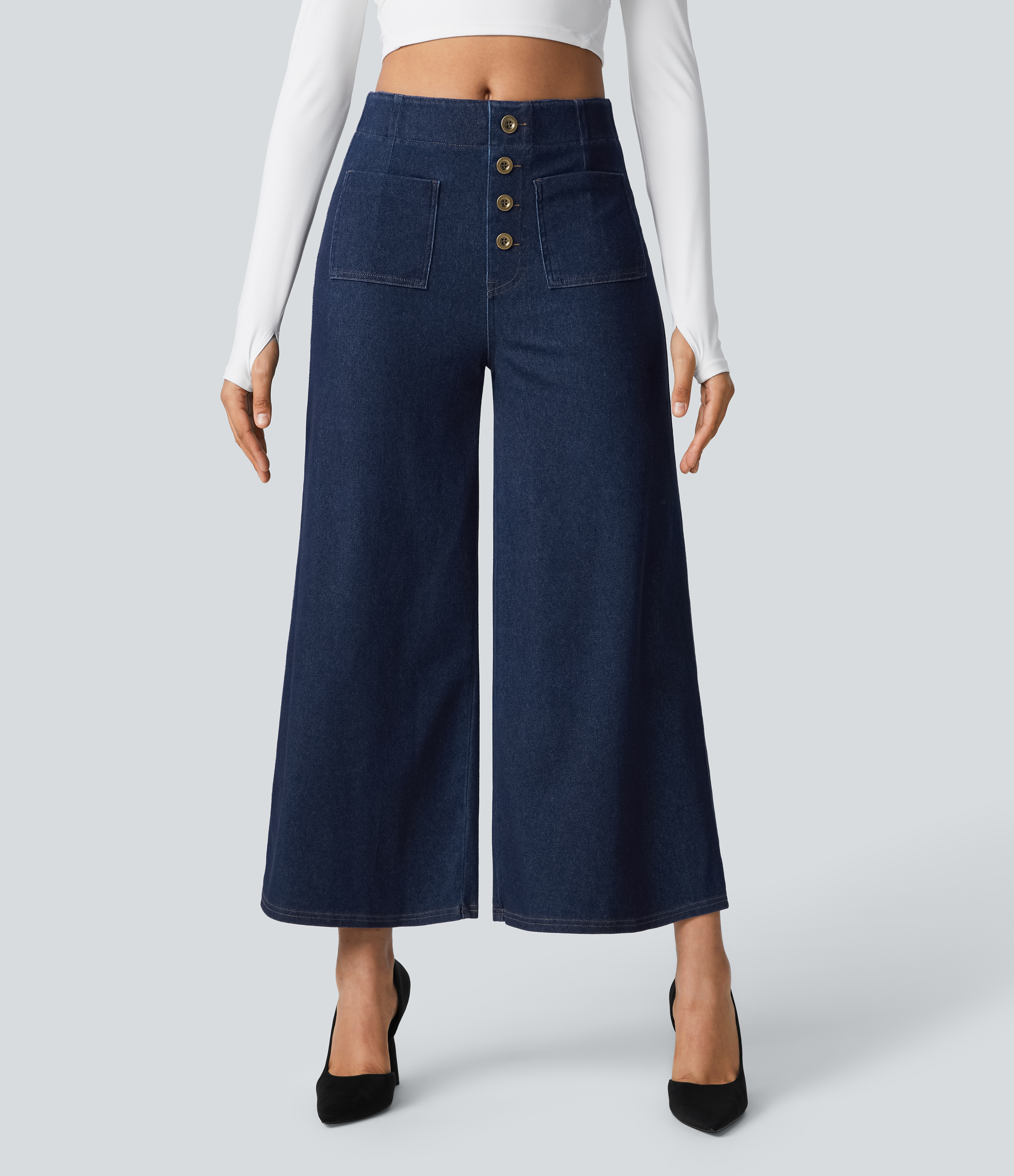 Halara HalaraMagicв„ў High Waisted Button Pockets Washed Stretchy Knit Casual Wide Leg Jeans  - Washed Denim Dark Blue - XS sweatpants 