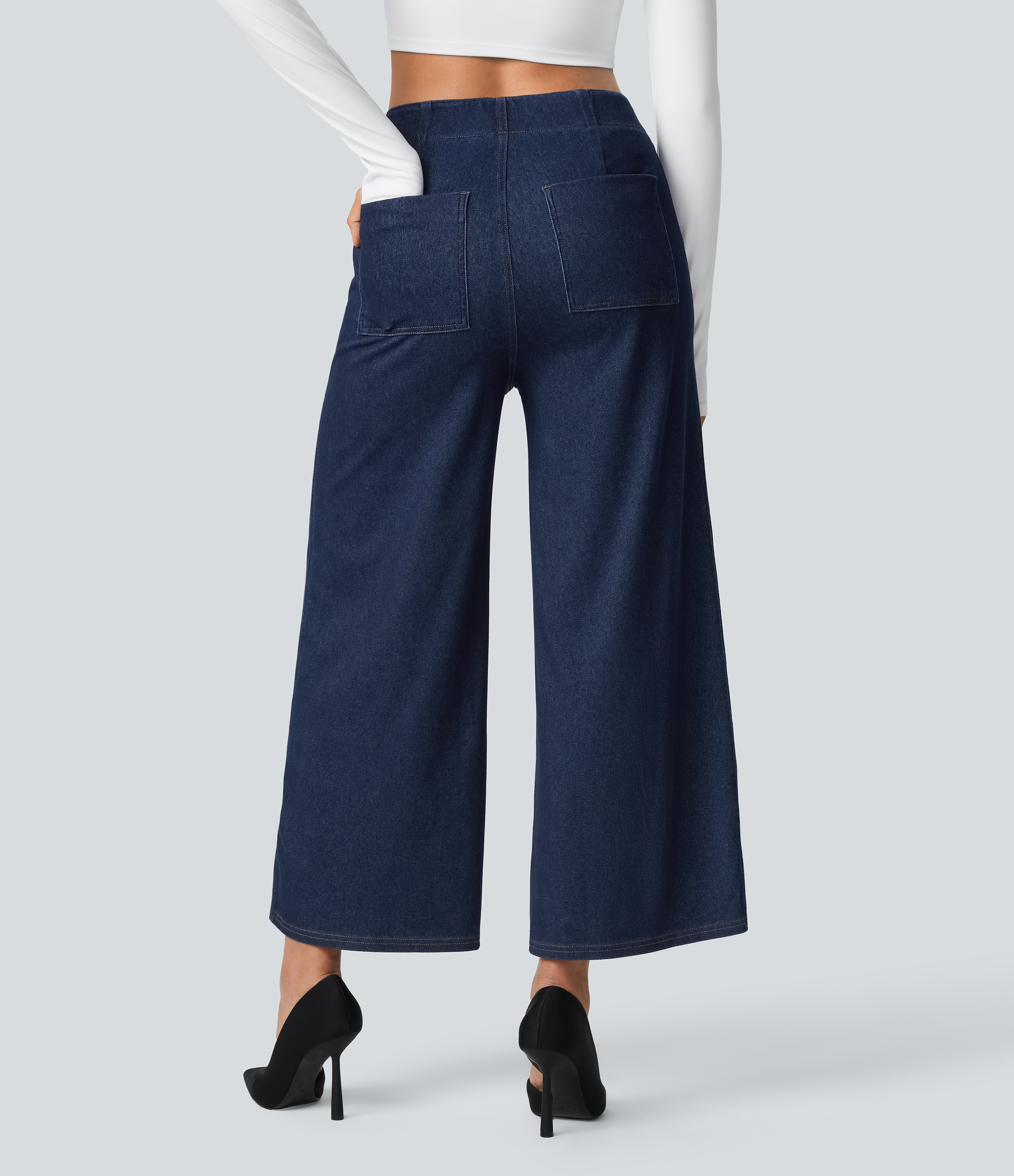Halara HalaraMagicв„ў High Waisted Button Pockets Washed Stretchy Knit Casual Wide Leg Jeans  - Washed Denim Dark Blue - XS sweatpants 