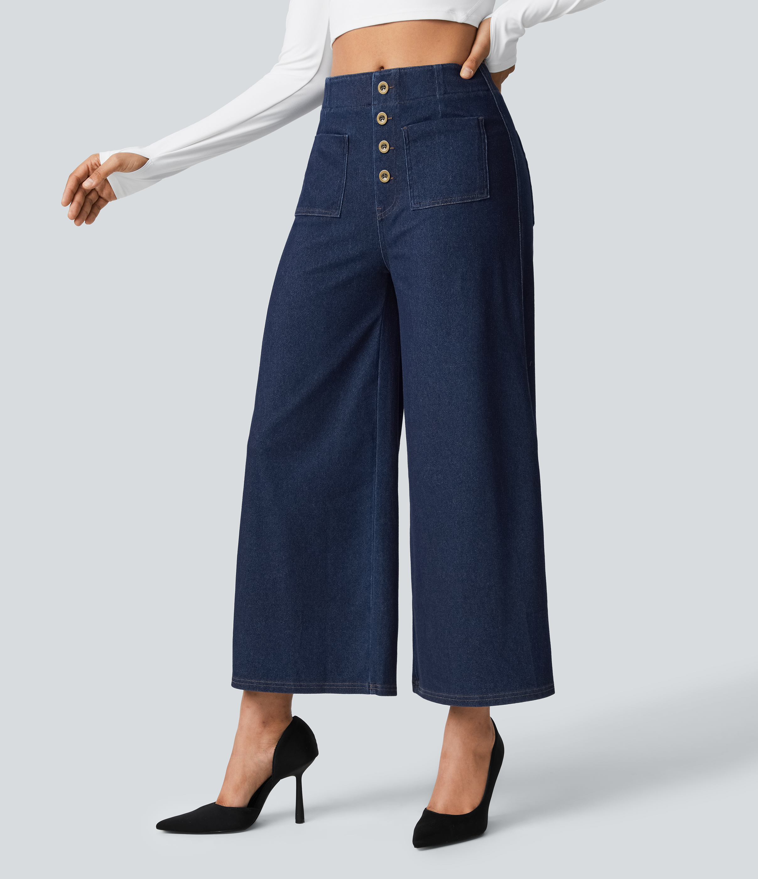 Halara HalaraMagicв„ў High Waisted Button Pockets Washed Stretchy Knit Casual Wide Leg Jeans  - Washed Denim Dark Blue - XS sweatpants 