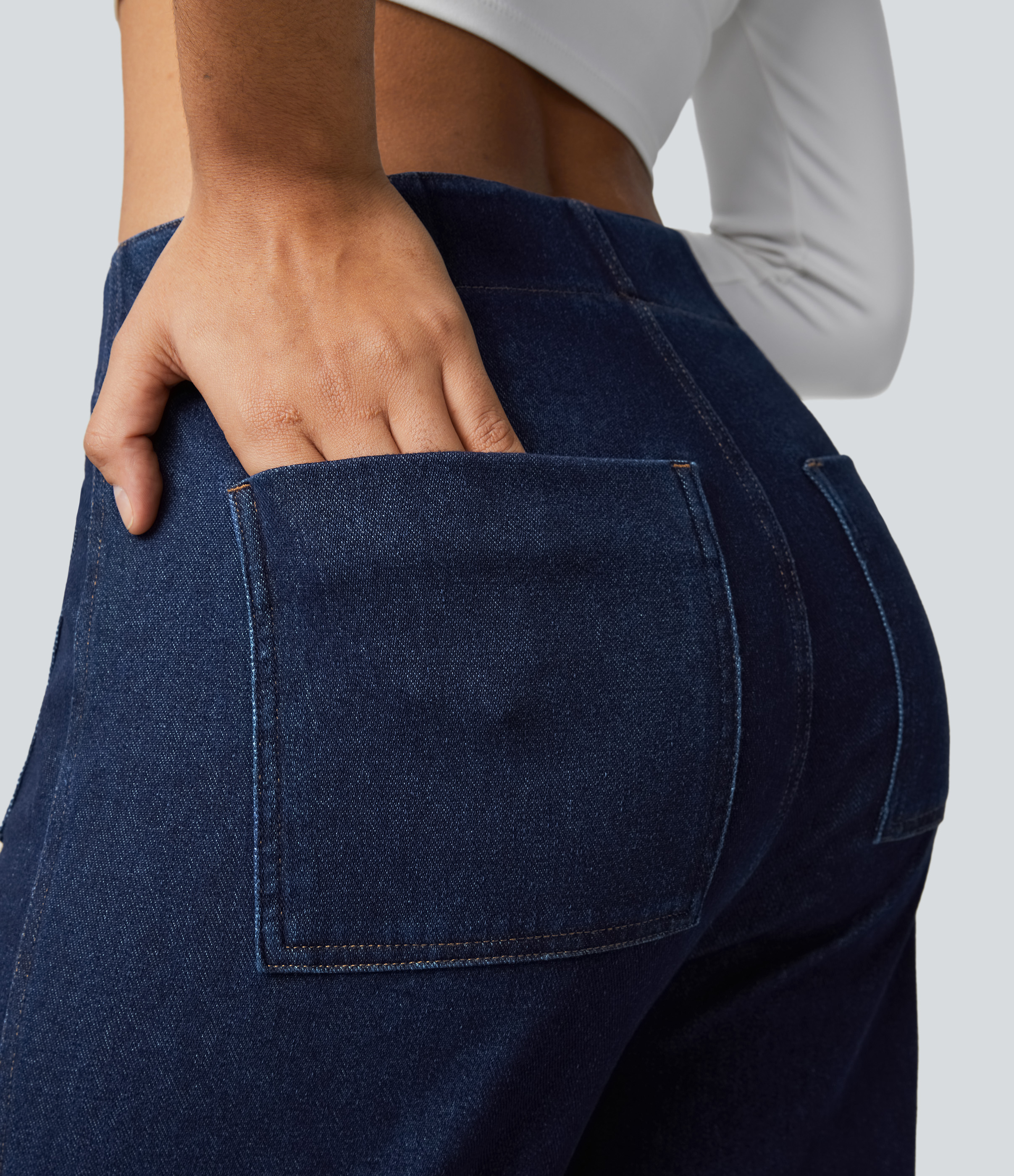 Halara HalaraMagicв„ў High Waisted Button Pockets Washed Stretchy Knit Casual Wide Leg Jeans  - Washed Denim Dark Blue - XS sweatpants 