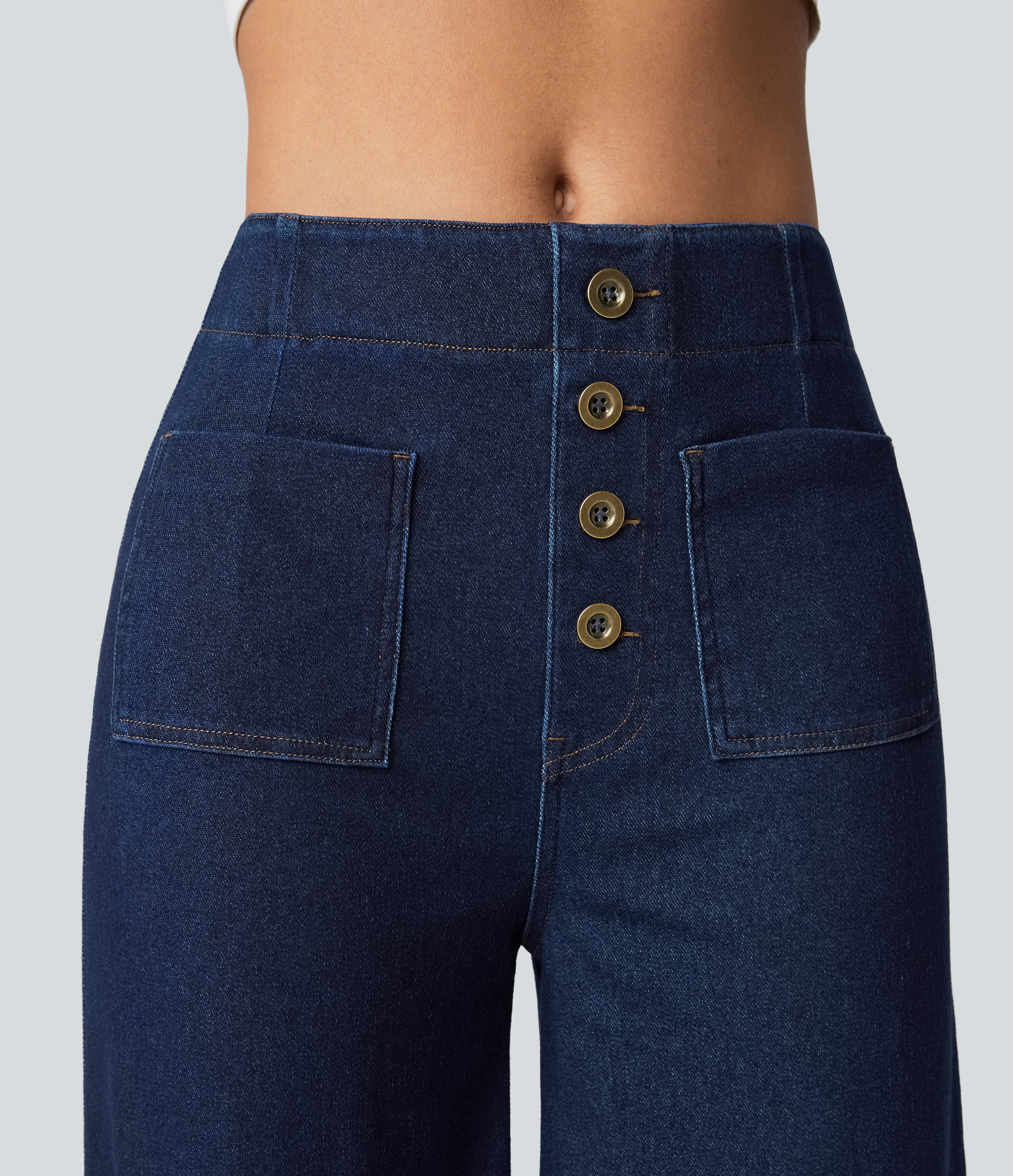 Halara HalaraMagicв„ў High Waisted Button Pockets Washed Stretchy Knit Casual Wide Leg Jeans  - Washed Denim Dark Blue - XS sweatpants 