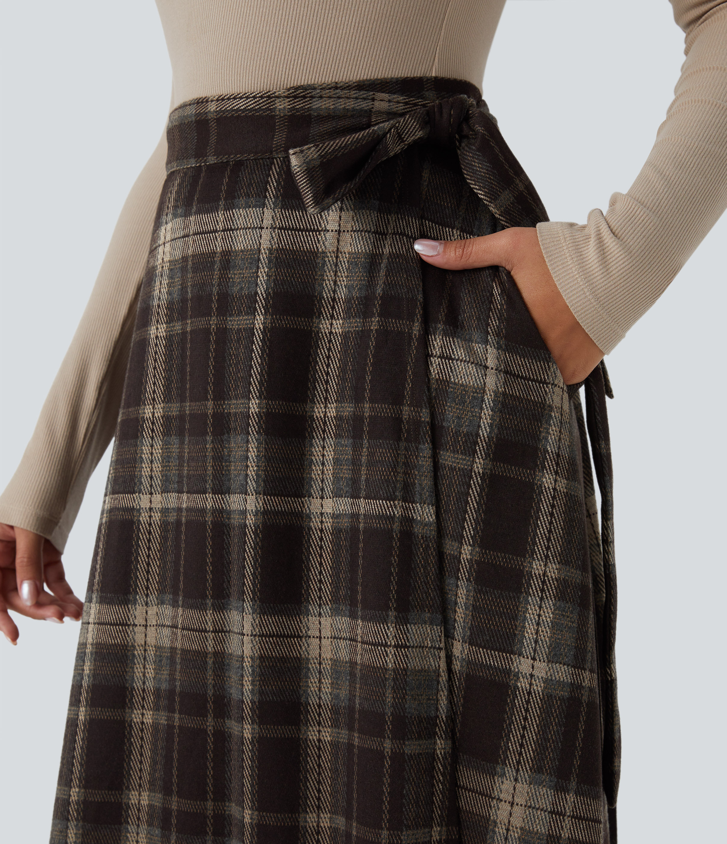 Halara High Waisted Belted Wrapped Side Pocket Plaid Midi Work Skirt-Front and Back Wearable  - Nordin Red Plaid - XL(regular) 