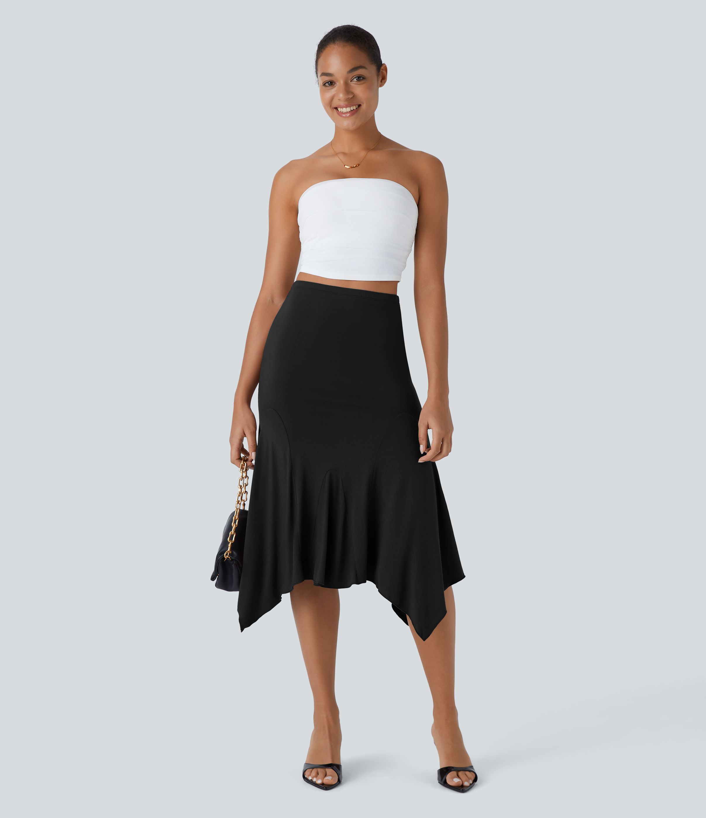 Halara High Waisted Draped Asymmetric Hem Midi Resort Skirt  - Black - S(regular) 