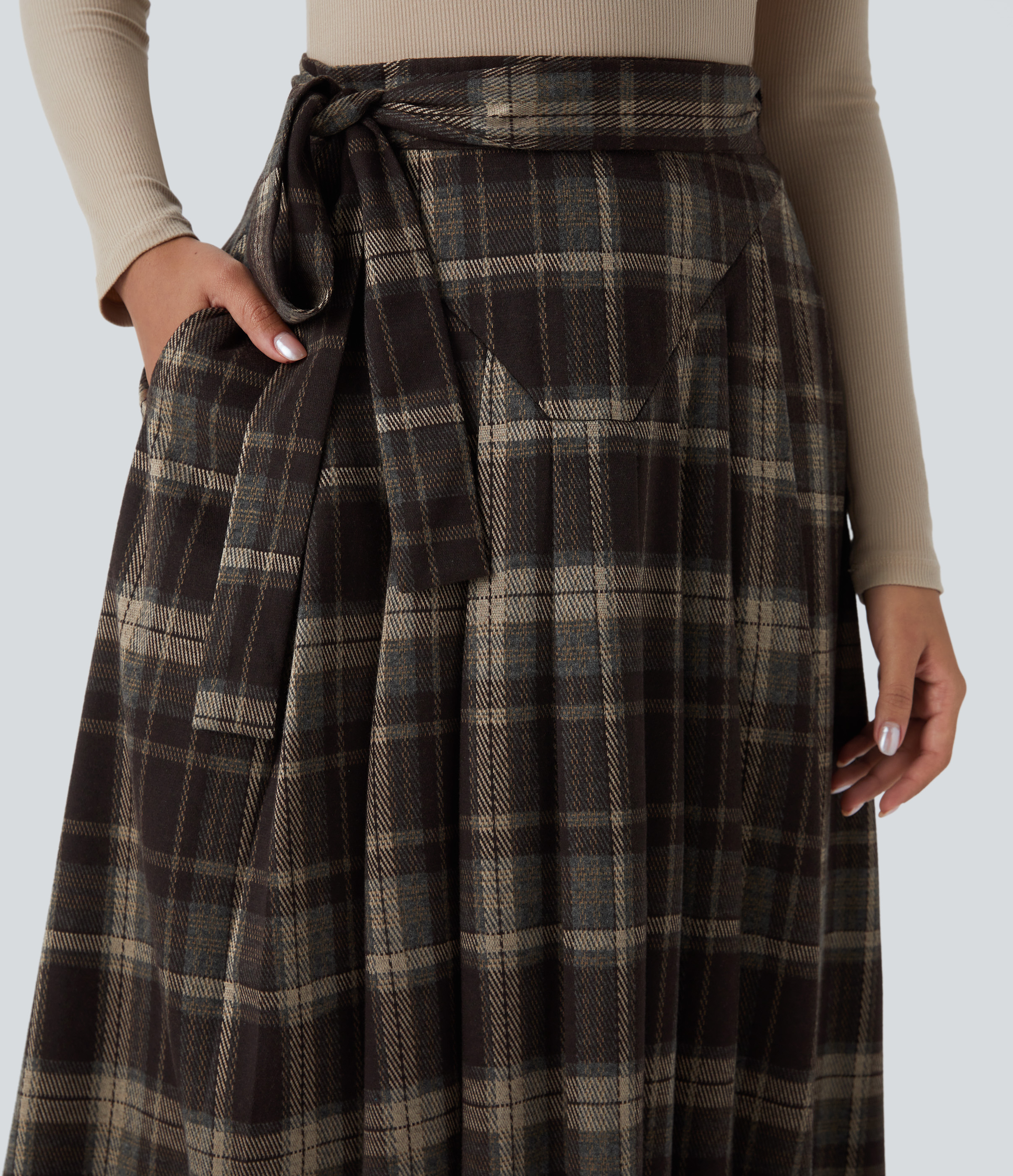 Halara High Waisted Belted Wrapped Side Pocket Plaid Midi Work Skirt-Front and Back Wearable  - Nordin Red Plaid - XL(regular) 