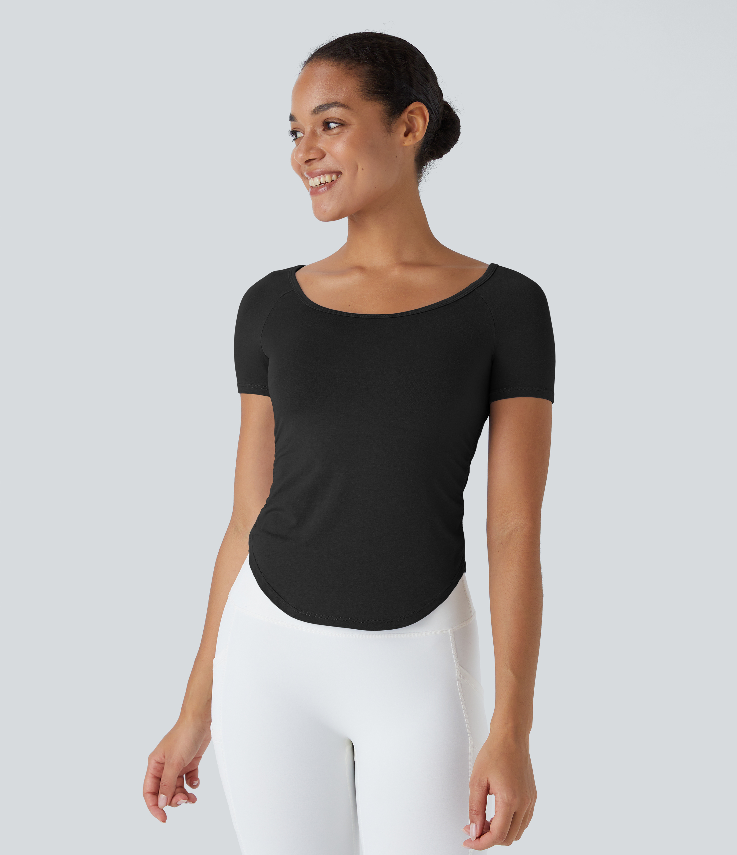 Halara Scoop Neck Short Sleeve Ruched Curved Hem Slim Yoga Sports Top  - Black - XL 