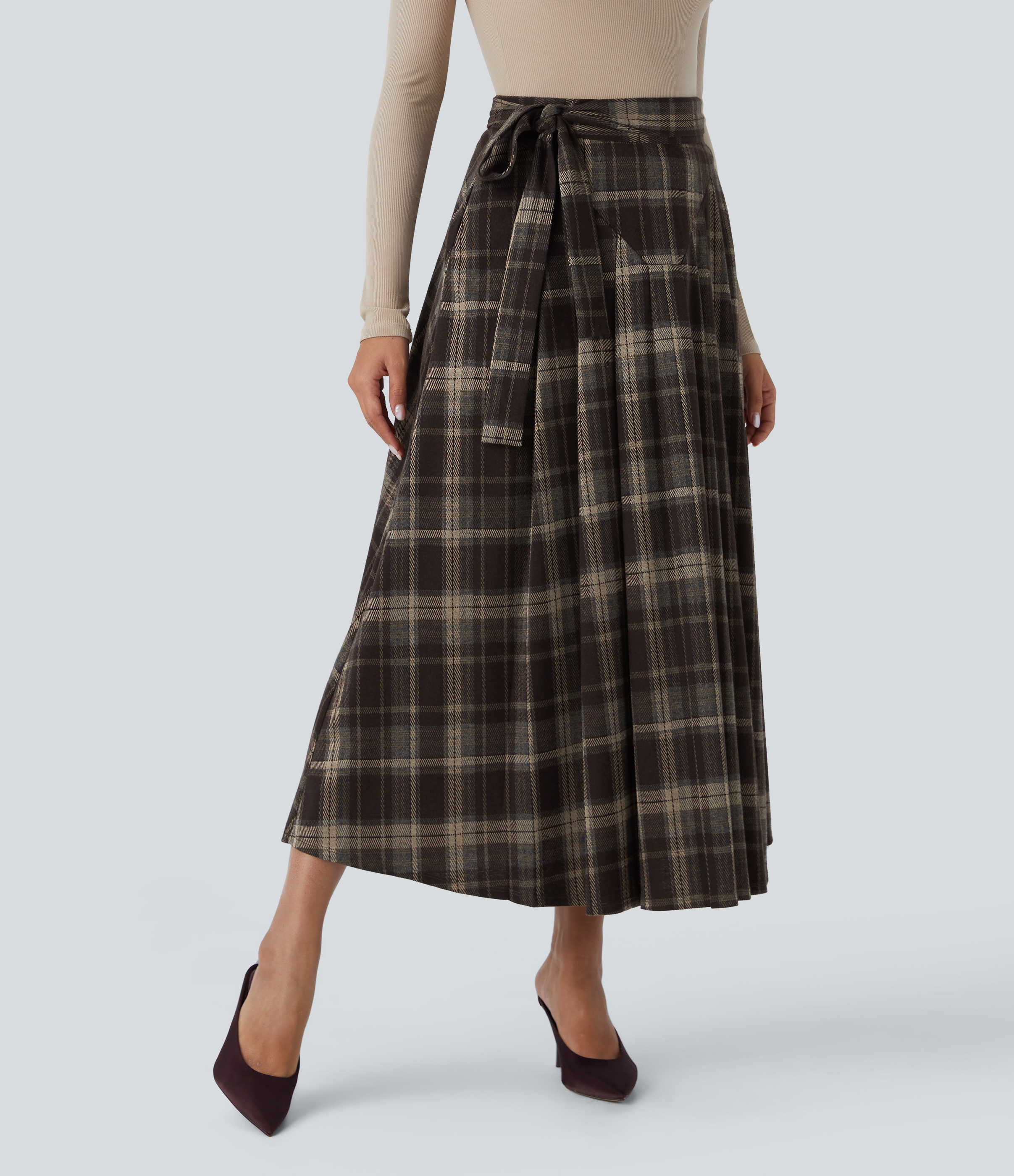 Halara High Waisted Belted Wrapped Side Pocket Plaid Midi Work Skirt-Front and Back Wearable  - Nordin Red Plaid - XL(regular) 