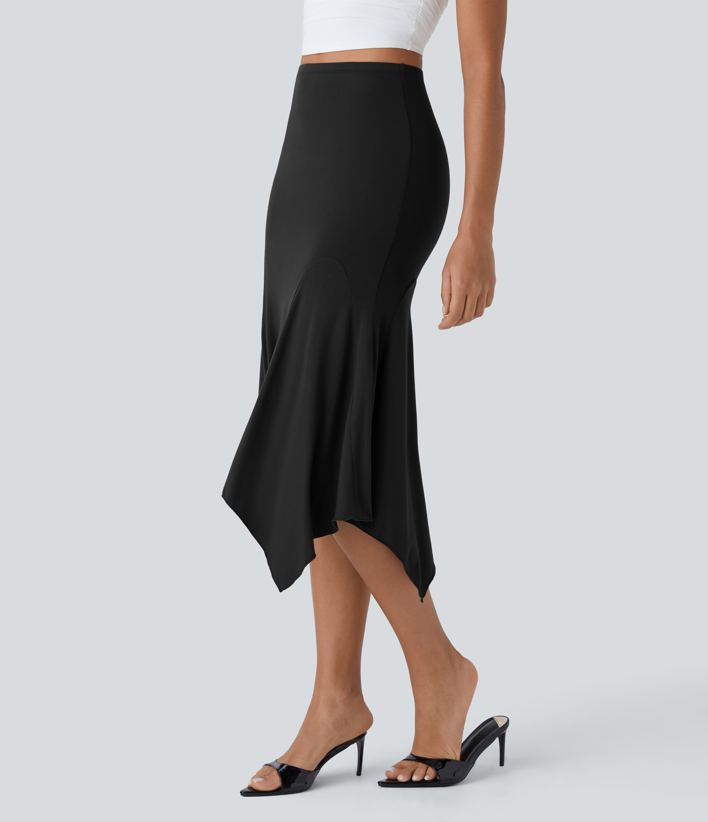 Halara High Waisted Draped Asymmetric Hem Midi Resort Skirt  - Black - S(regular) 