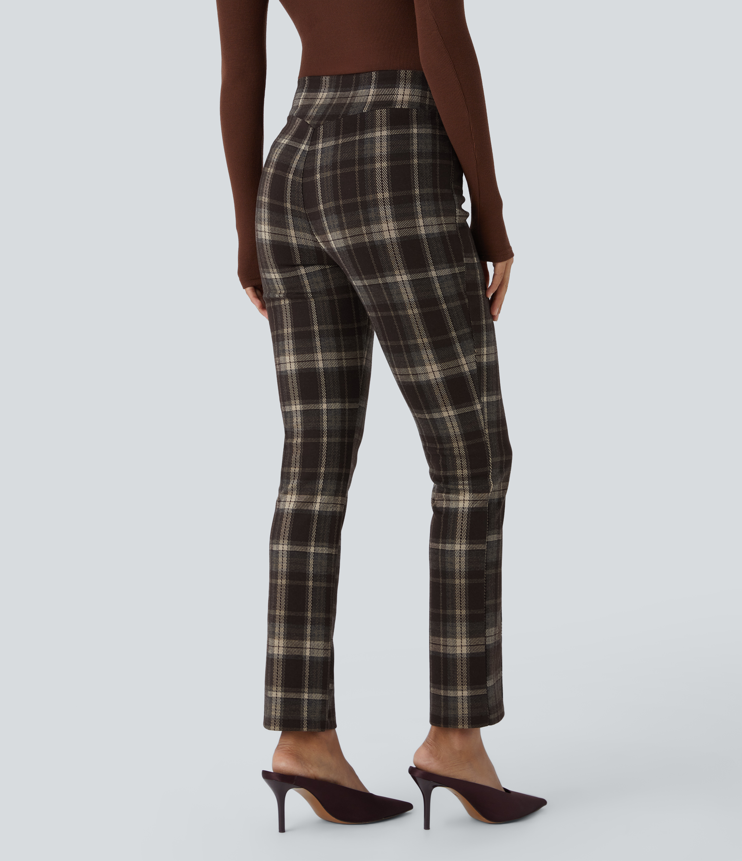 Halara SoCinched High Waisted Tummy Control Side Zip Pocket Plaid Skinny Work Pants  - Nordin Red Plaid - L(regular) sweatpants jogger pants 