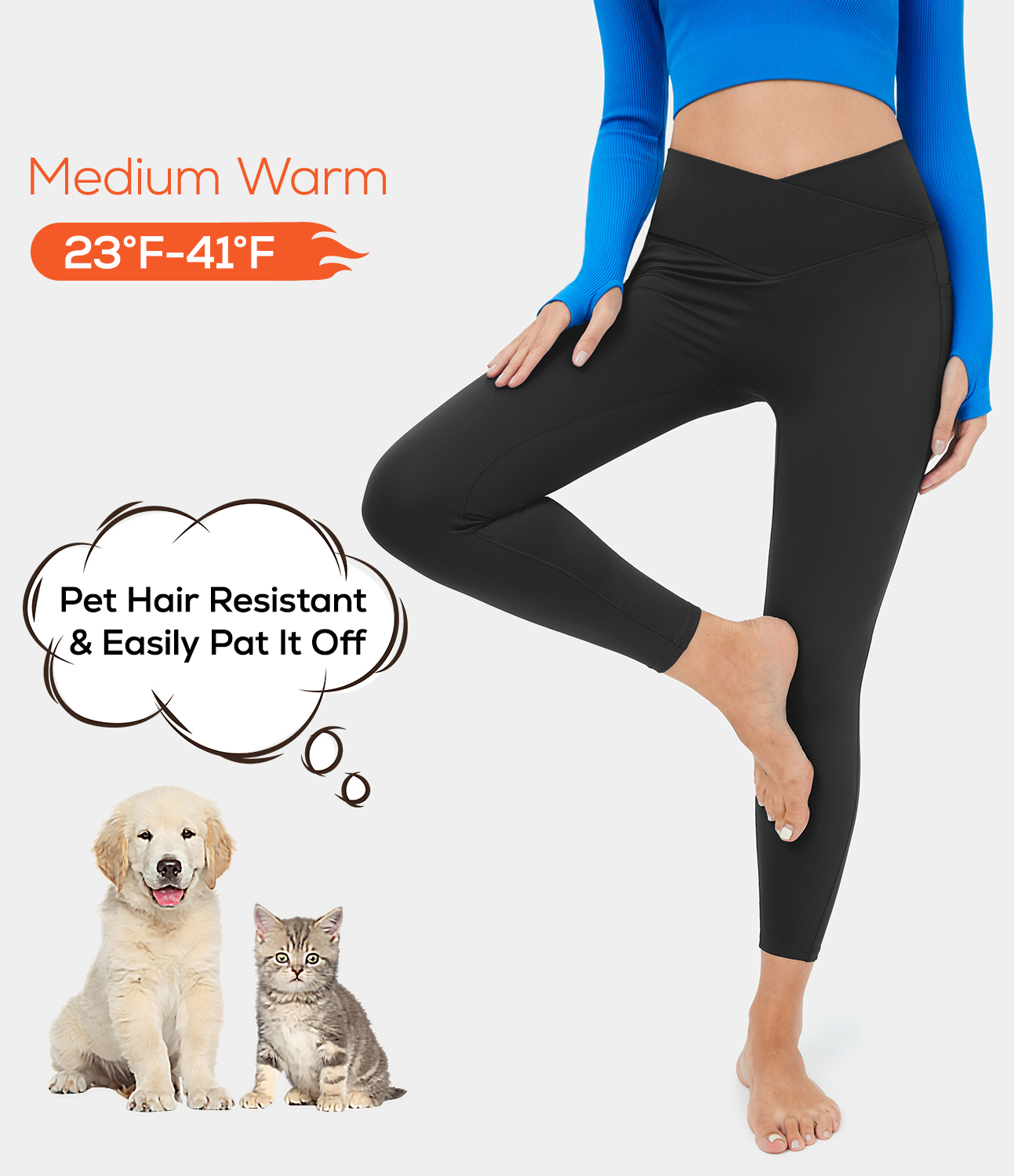 Patitoff Pet Hair Resistant Fleece Lined Crossover Side Pocket Casual 7/8 Leggings