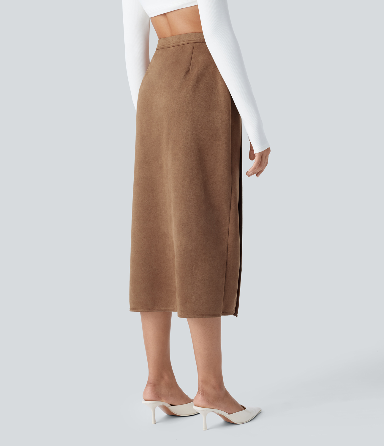 Halara High Waisted Side Pocket Split Suede Midi Work Skirt  - Pecan Pie - S(regular) 